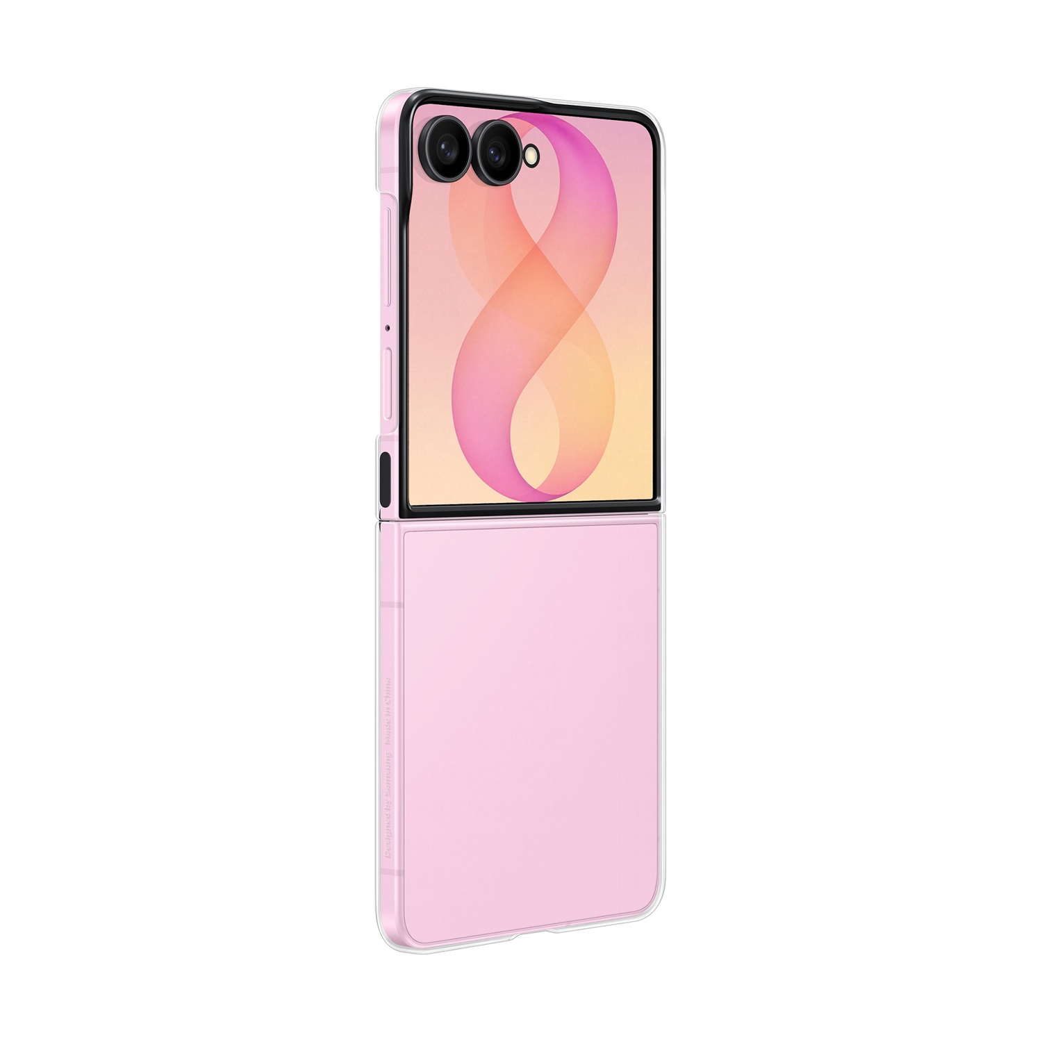 Un telefono a conchiglia rosa con due fotocamere e uno sfondo astratto.