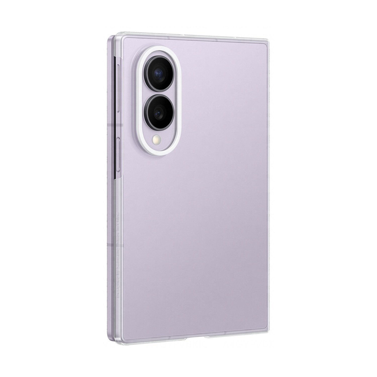 Un telefono viola in custodia trasparente, con due fotocamere sul retro.