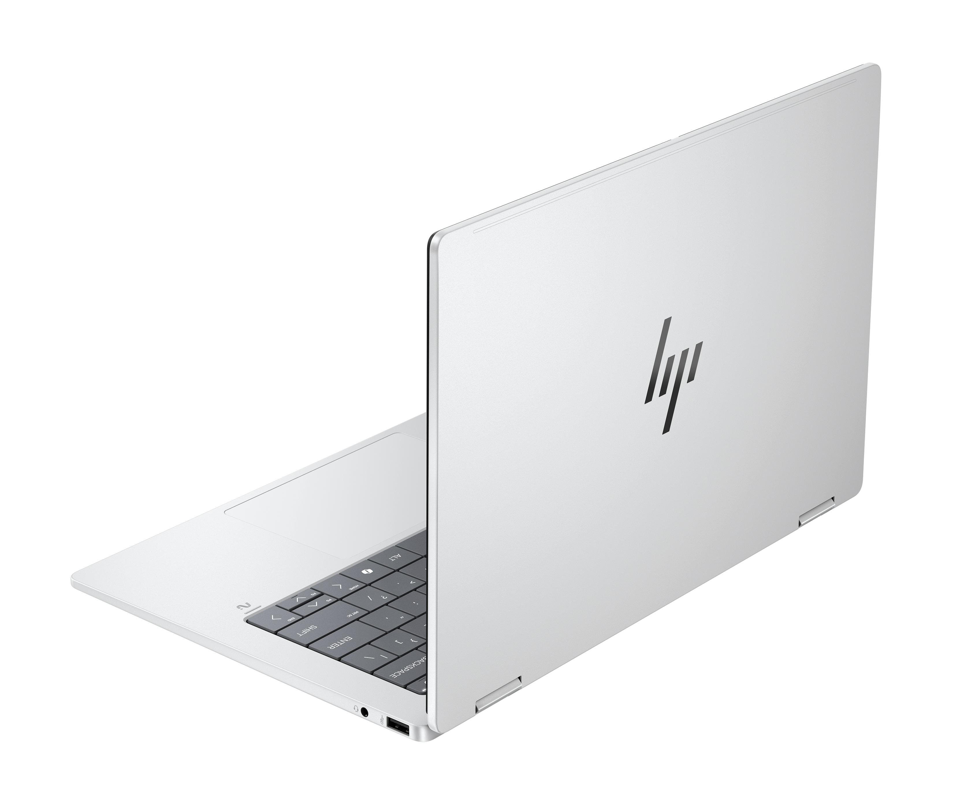 Ein weißer HP Laptop mit offenem Deckel und schwarzer Tastatur.