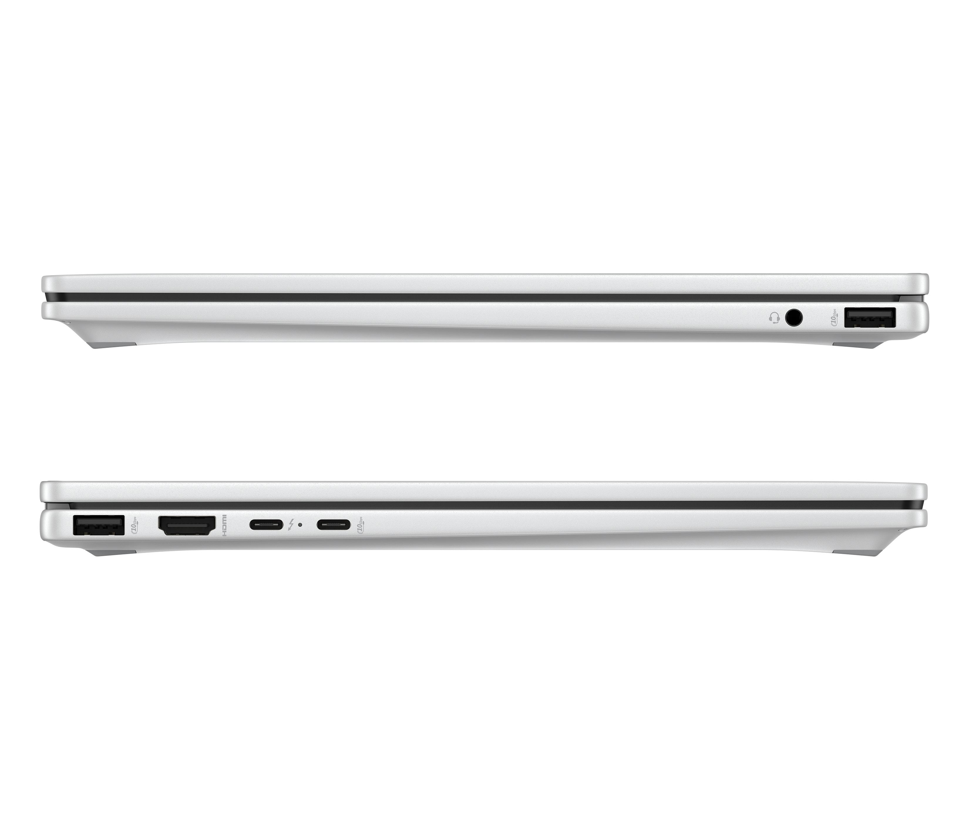 Seitenansicht zweier silberner Laptops mit Anschlüssen: USB-A, Kopfhörerbuchse, HDMI, USB-C.