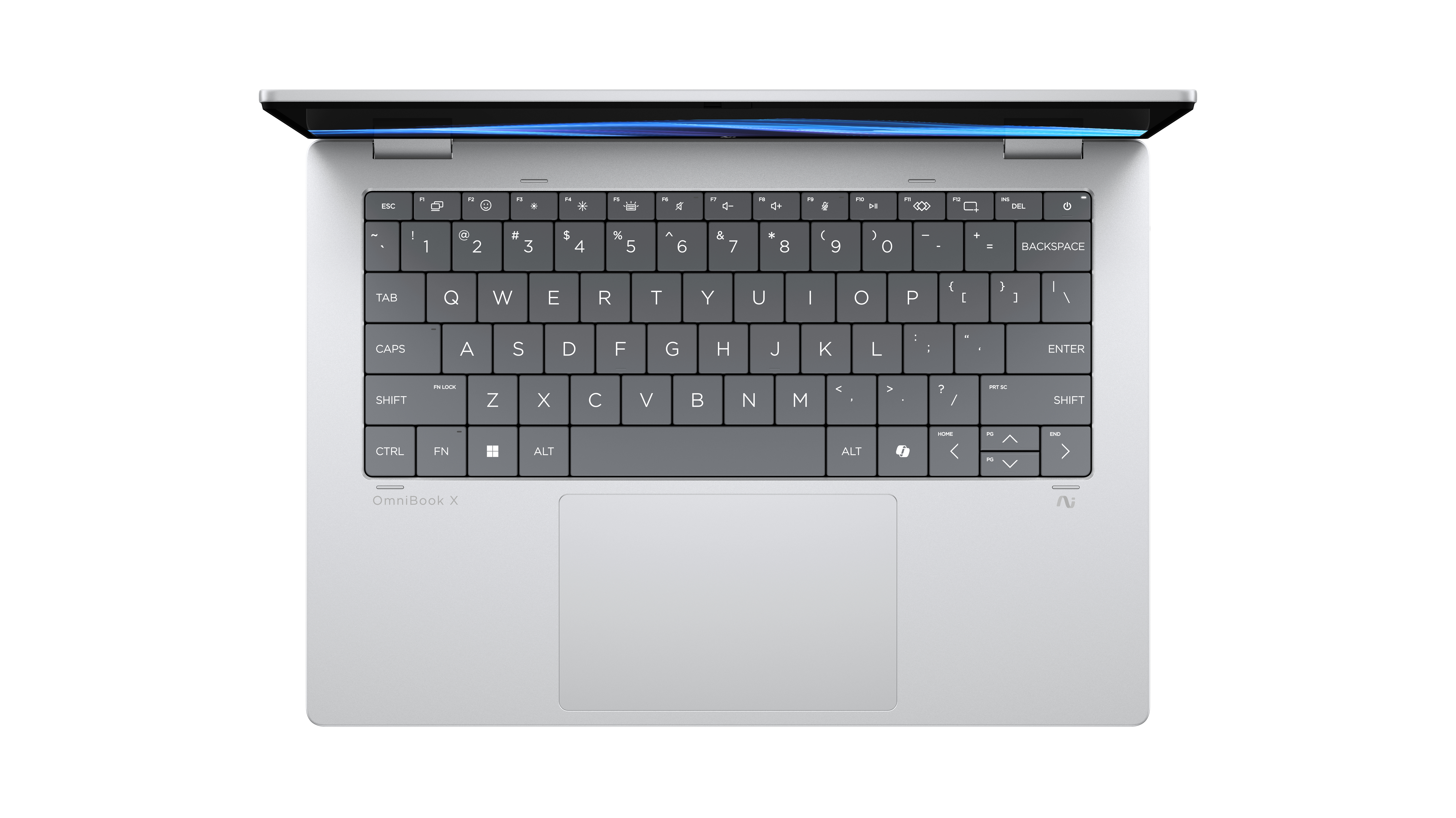 Silberner Laptop mit Tastatur und Touchpad, aufgeklappt, mit blauem Licht.