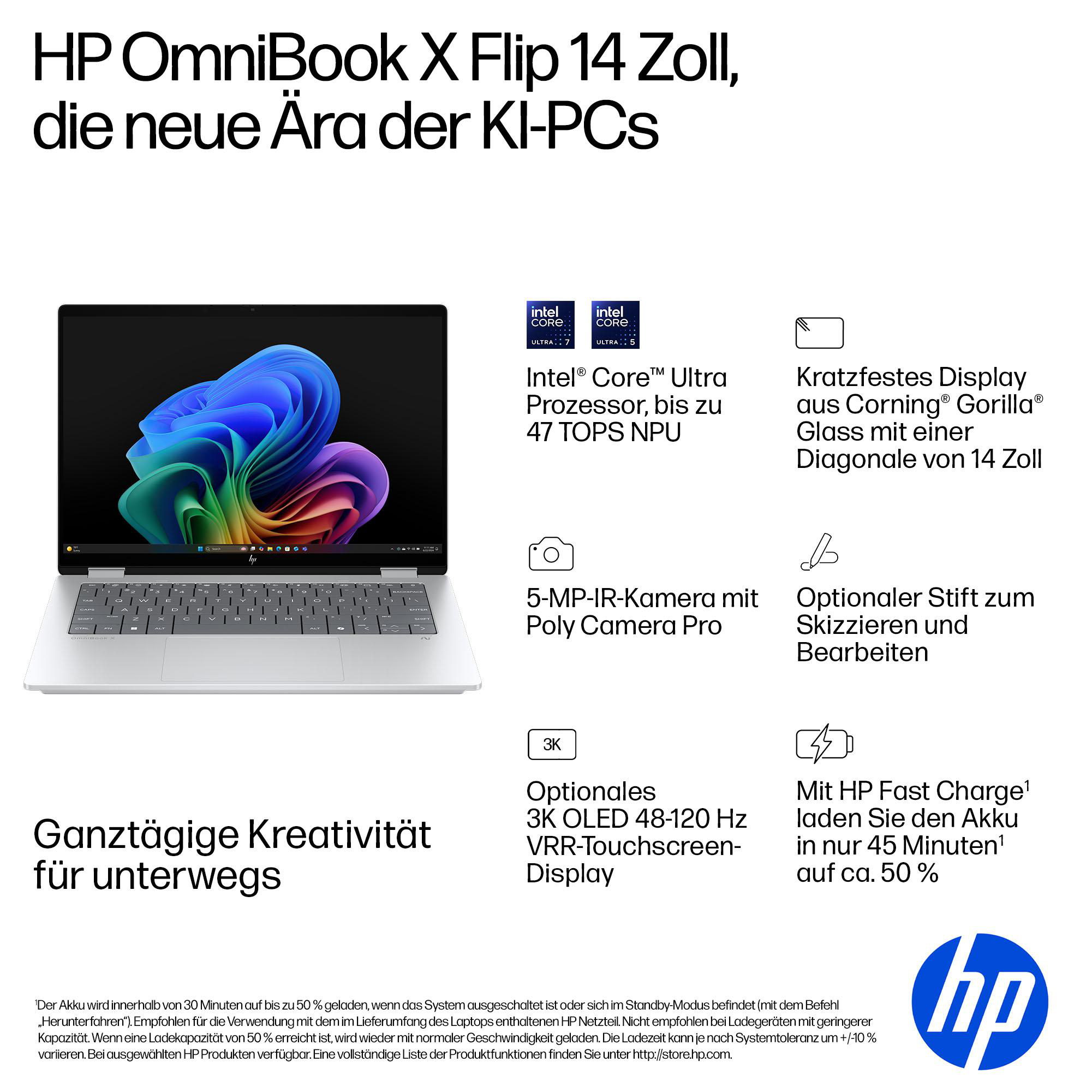 HP OmniBook X Flip Laptop mit Intel Core Ultra Prozessor, 14-Zoll-Display, und lebendigem Bildschirm.