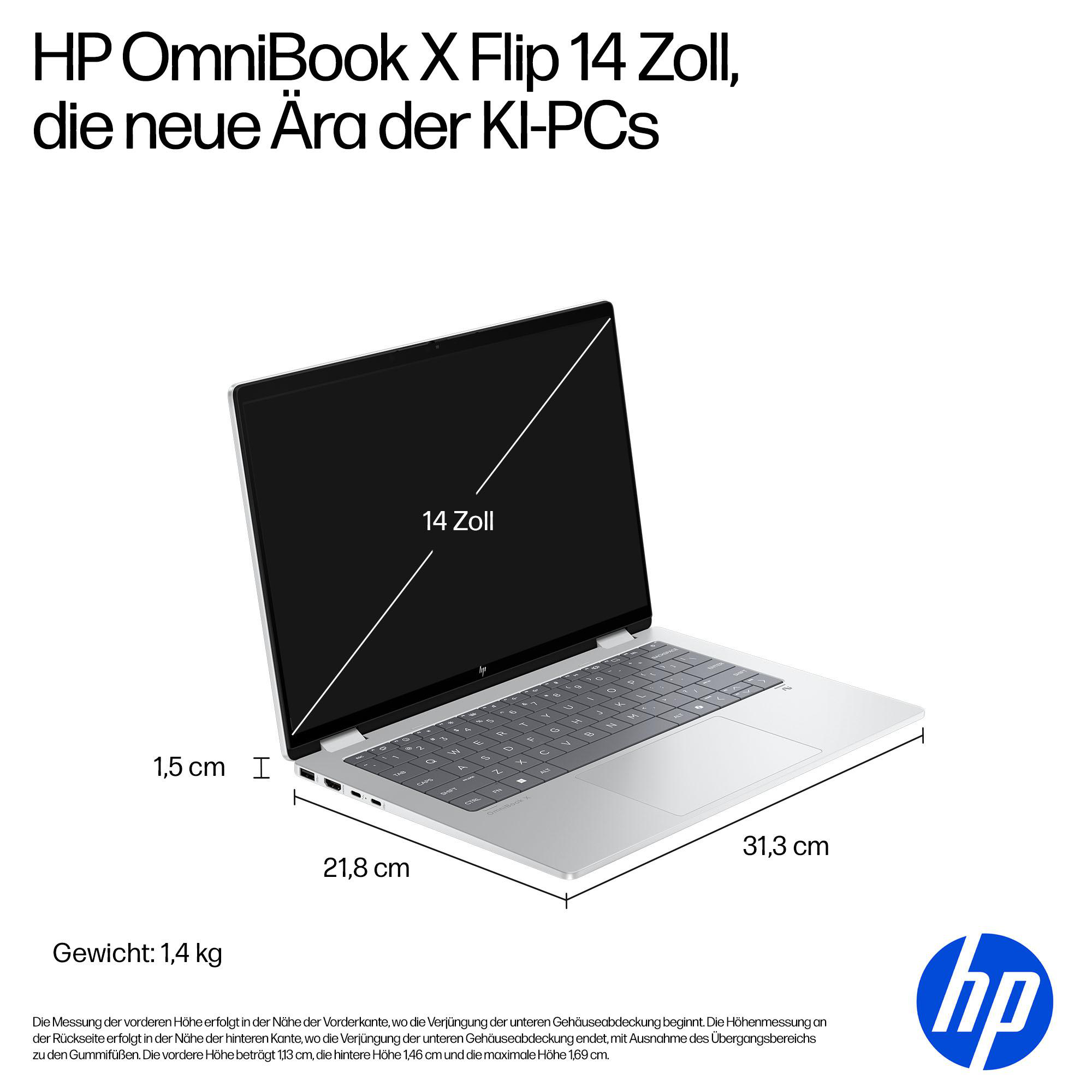 Silbernes HP OmniBook X 14 Zoll Klapp-Laptop mit Tastatur und Maßen.