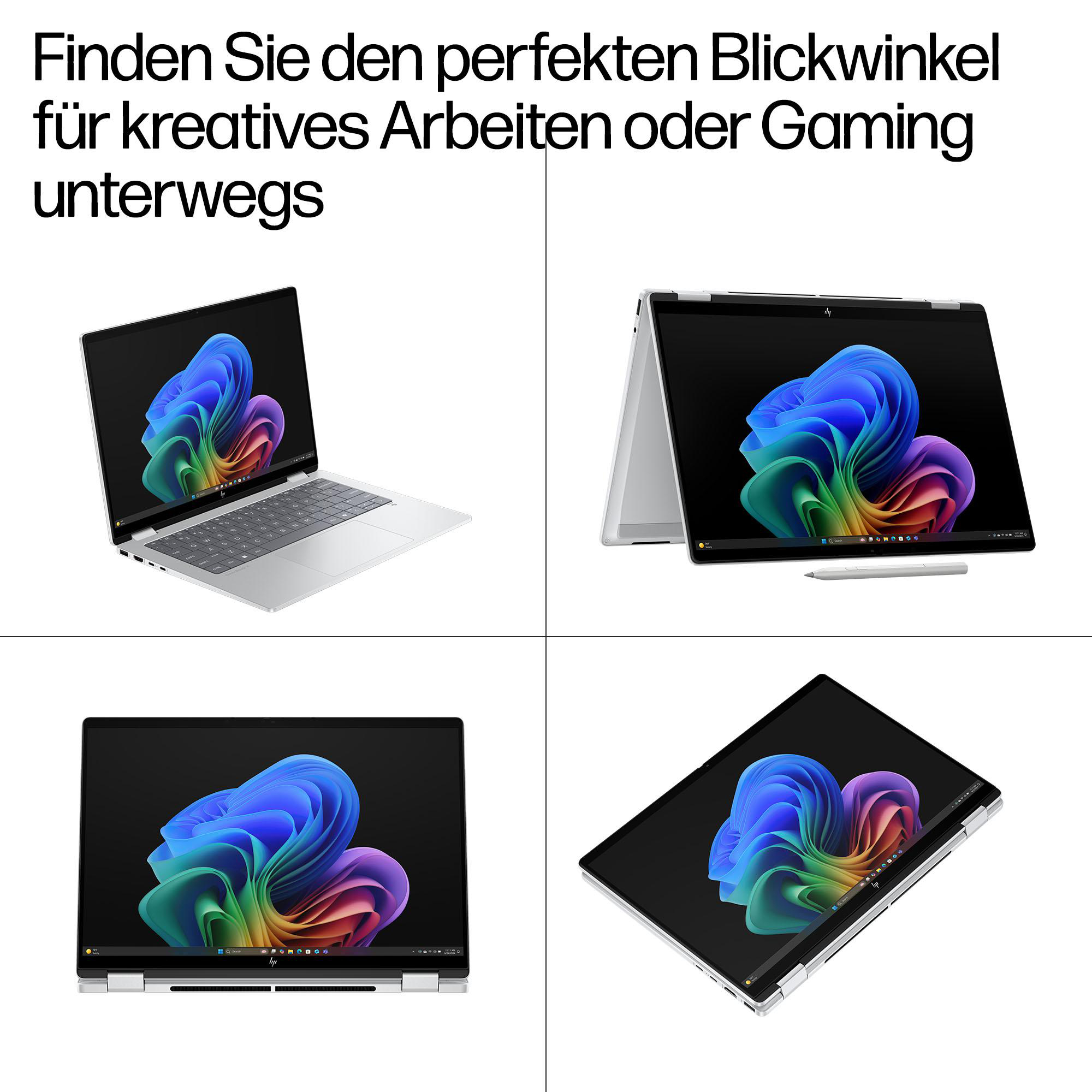 Vier Laptops in verschiedenen Ansichten mit farbiger Wellen-Hintergrundgrafik.