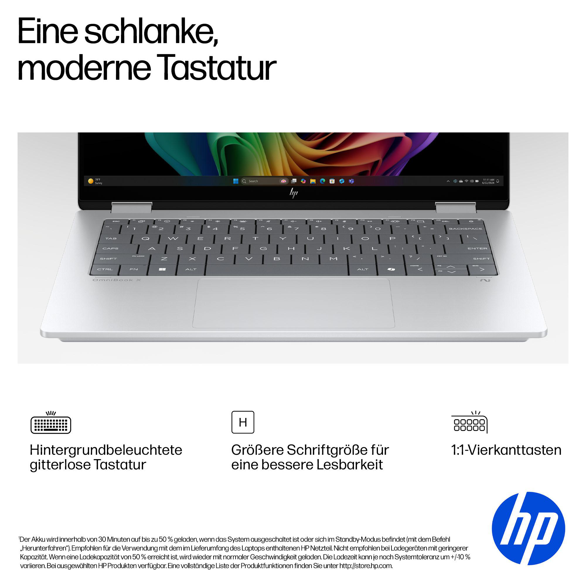 Ein schlankes HP Laptop mit Tastatur, Touchpad und Windows-Startleiste.