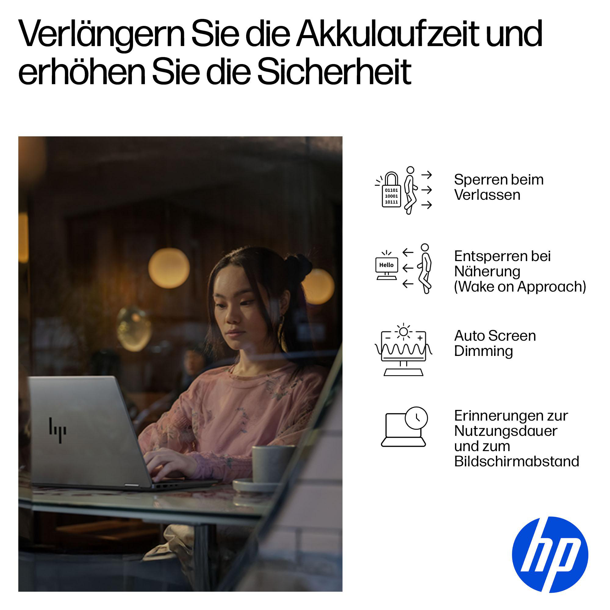 Frau arbeitet an einem HP Laptop mit Icons für Sicherheit und Akkulaufzeit.