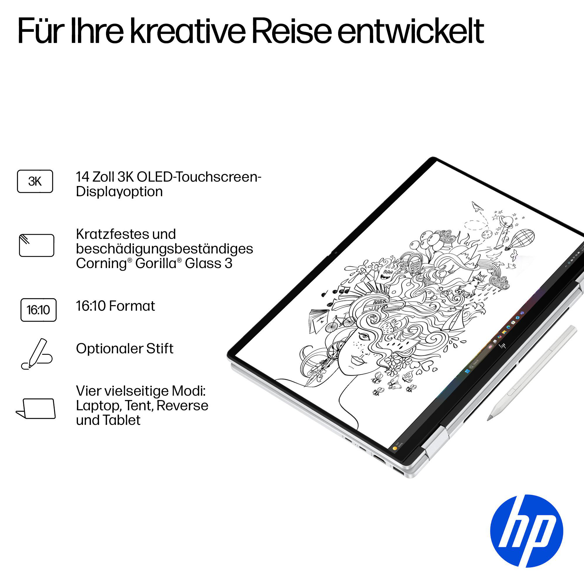 Ein Laptop mit 3K OLED Touchscreen, 16:10 Format, optionalem Stift und vier Modi.