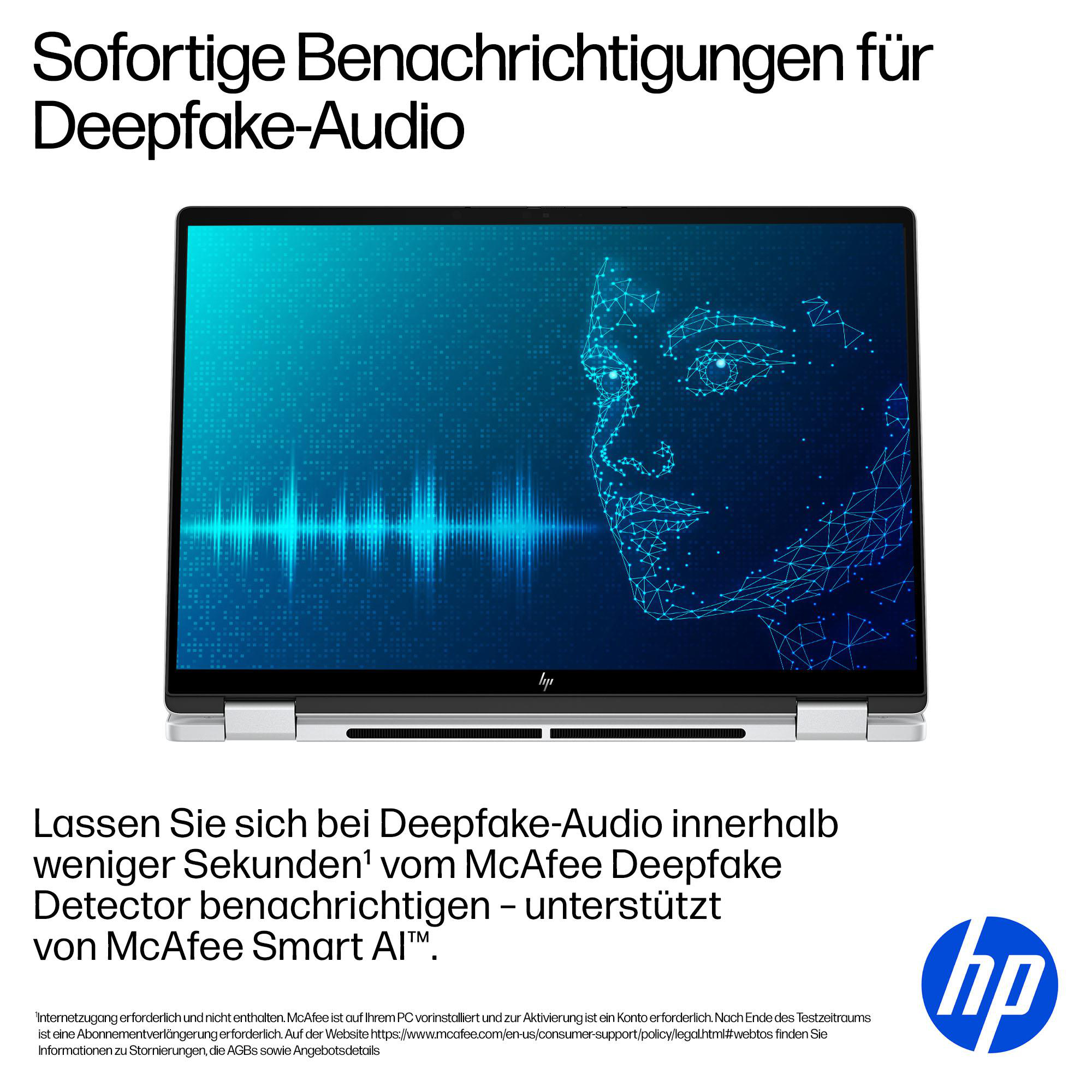Ein Laptop zeigt eine digitale Darstellung eines Gesichts und eine Tonwelle.