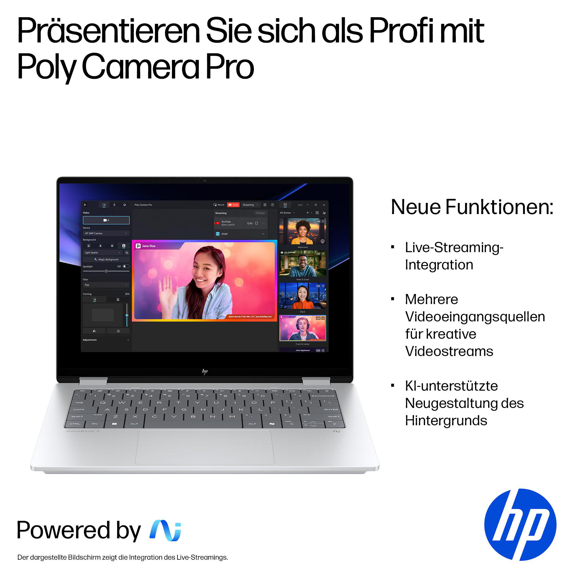Laptop mit Poly Camera Pro Software. Zeigt eine Frau, mehrere Personen u. Optionen.