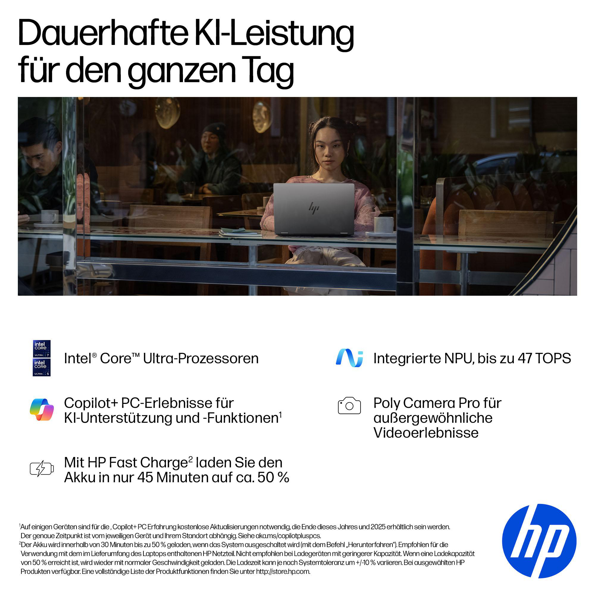 Frau nutzt HP Laptop mit Intel Core Ultra Prozessoren, Copilot+, NPU und Poly Camera Pro.