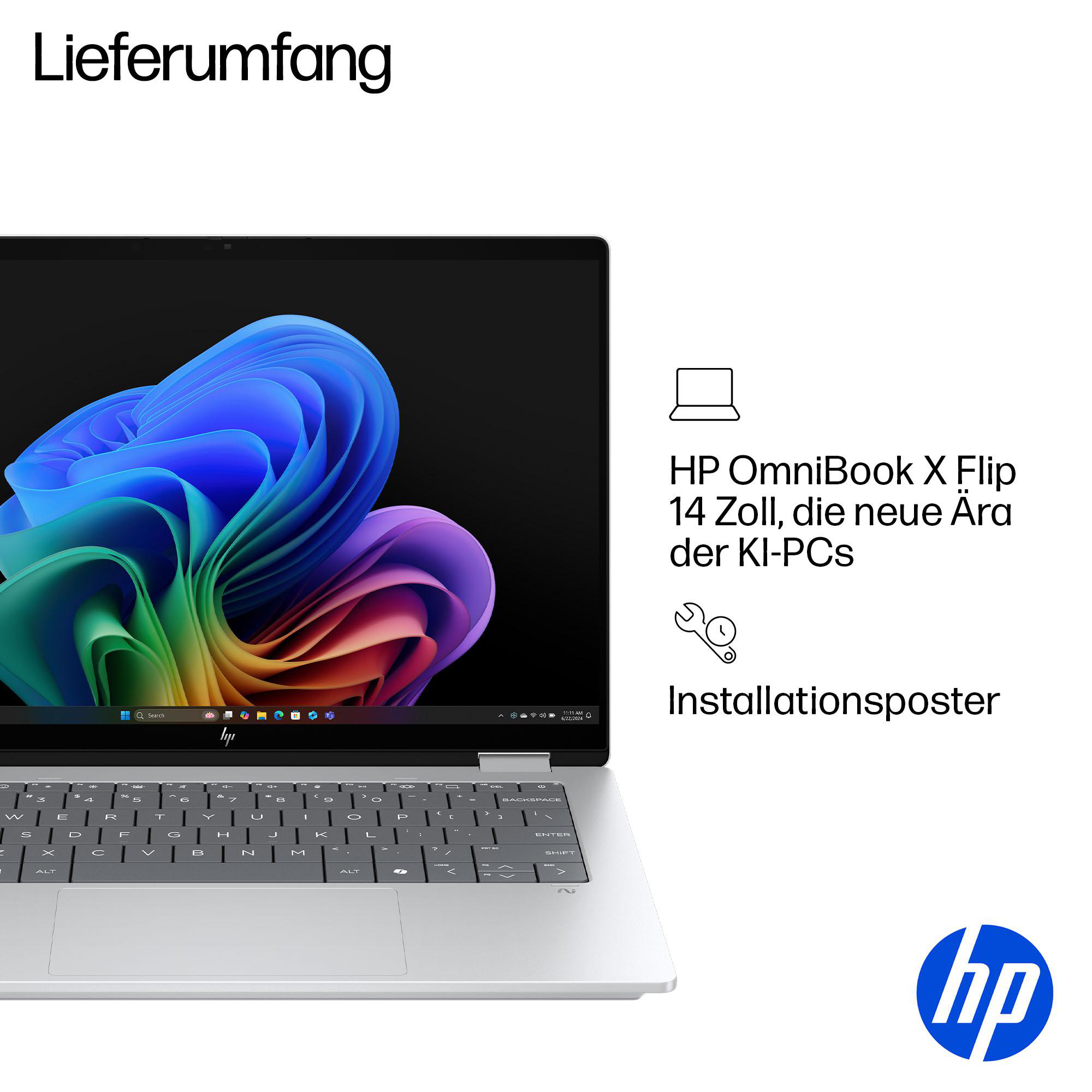 Ein silberner HP OmniBook X Flip Laptop mit buntem Hintergrund. Text auf Deutsch.
