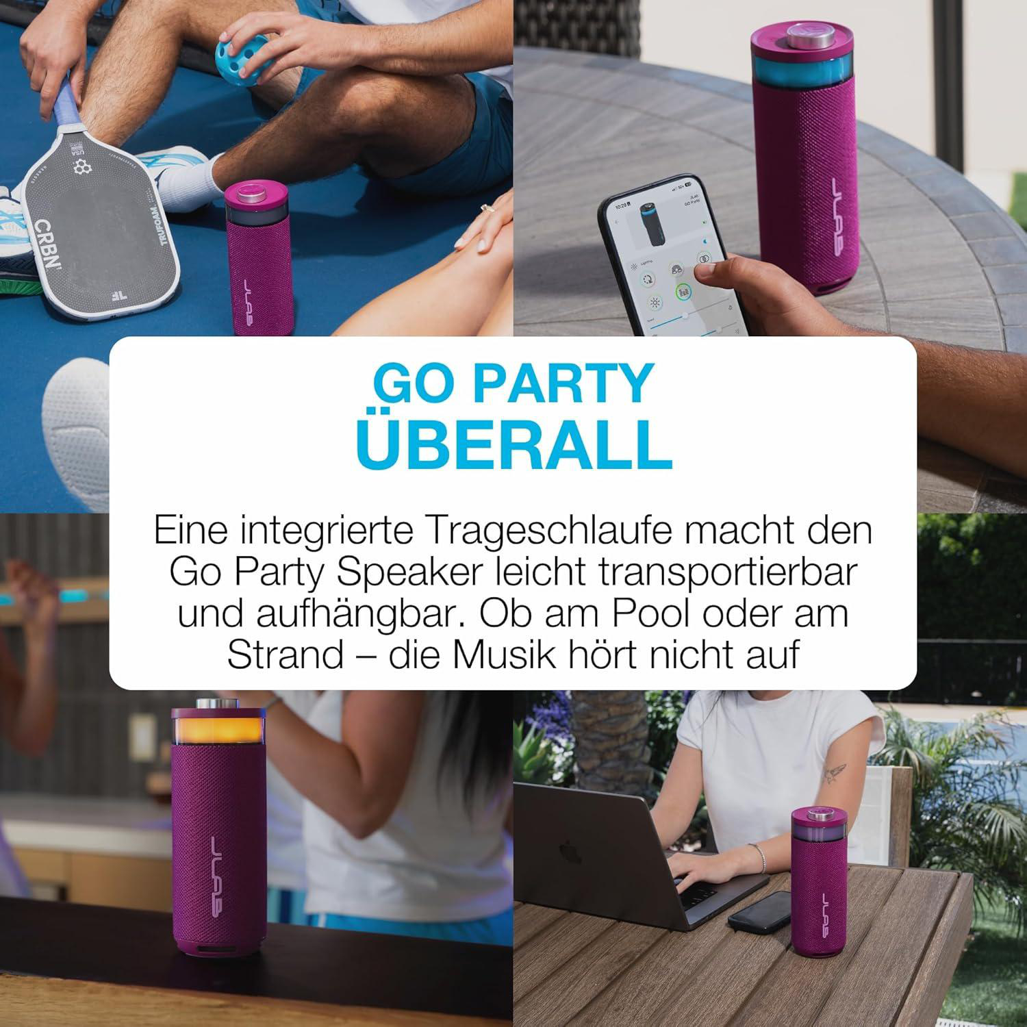 Lila Lautsprecher mit integrierter Schlaufe, ideal für Partys überall.