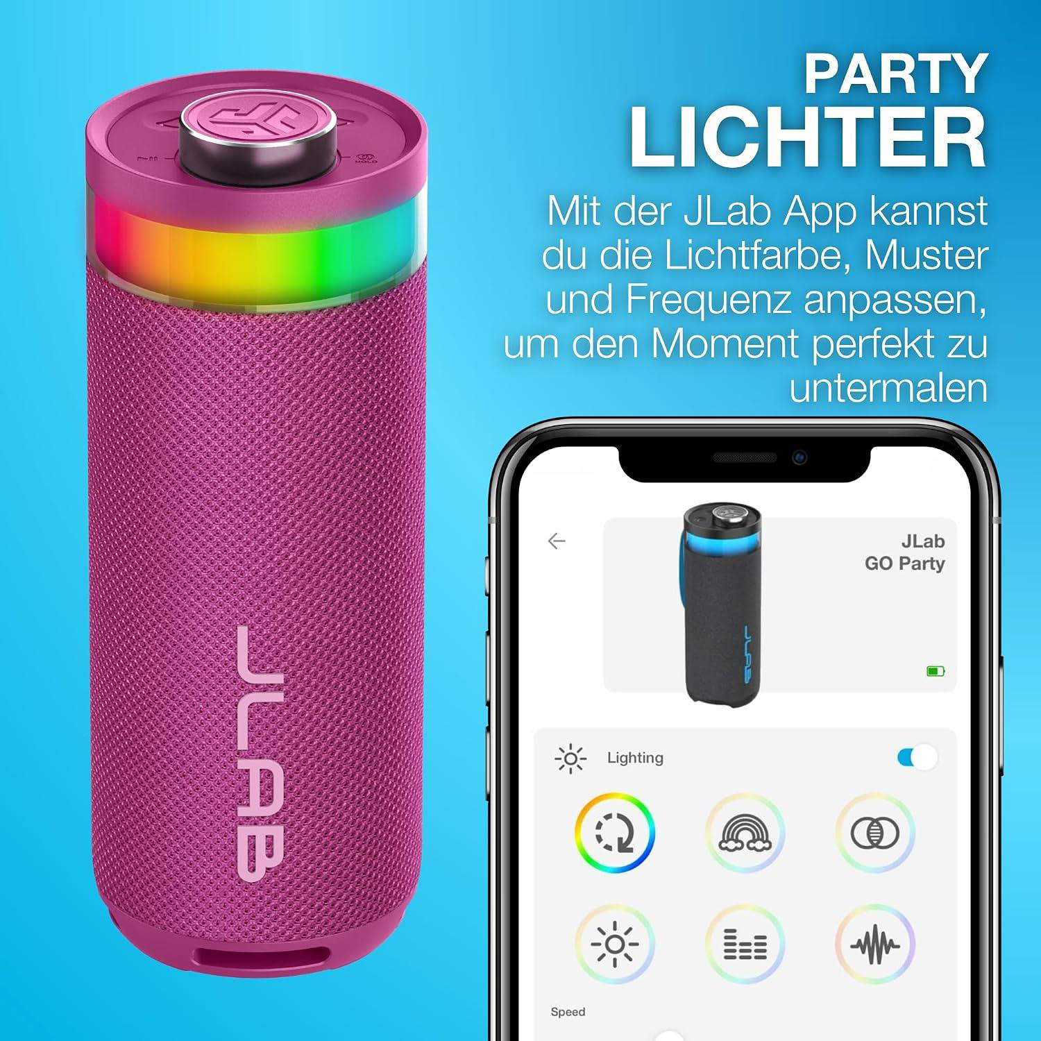 Lila JLab Lautsprecher mit farbiger Beleuchtung und JLab App Steuerung.