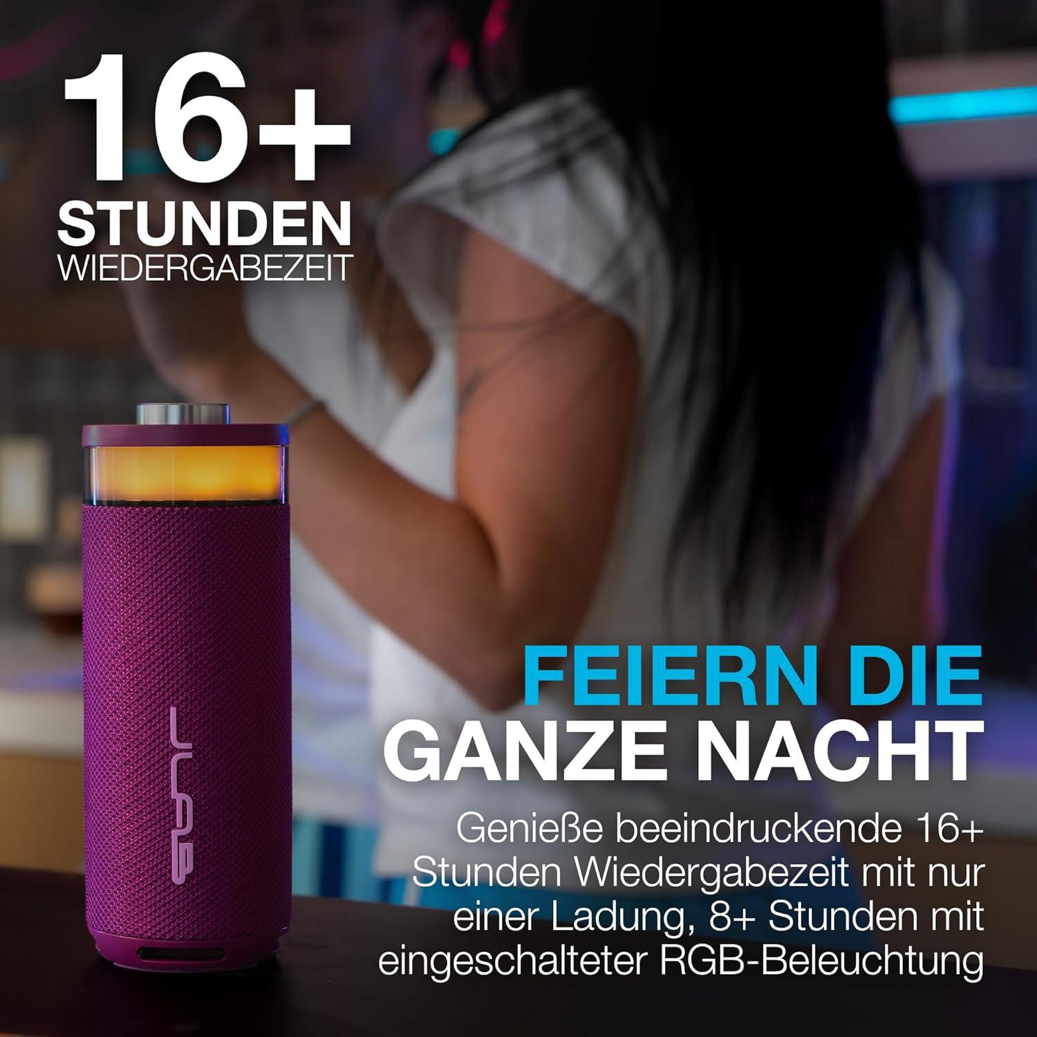 Lila Lautsprecher mit 16+ Stunden Wiedergabezeit, leuchtet orange.