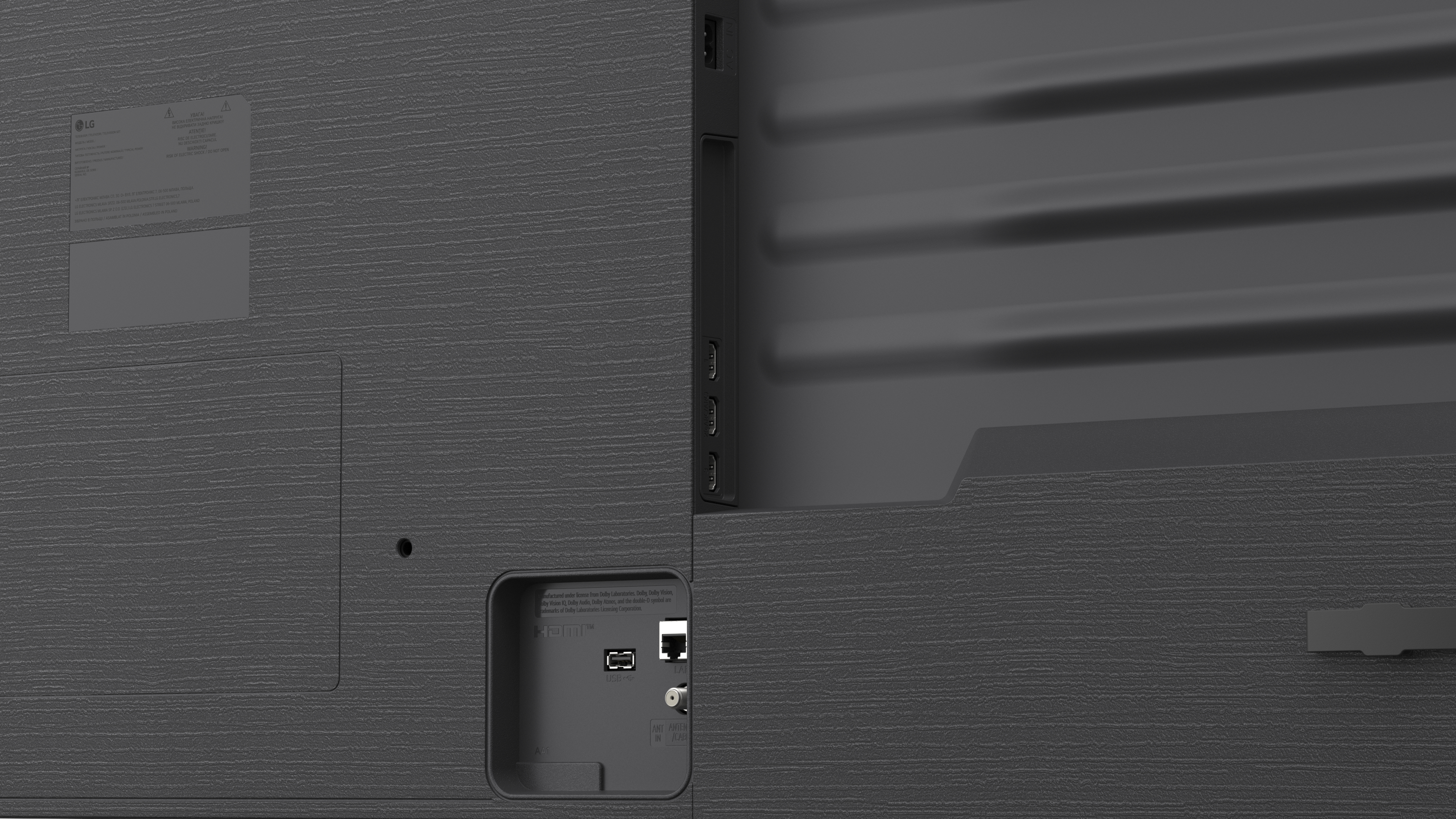 Rückseite eines Fernsehers mit Anschlüssen wie HDMI, USB und Antenne.