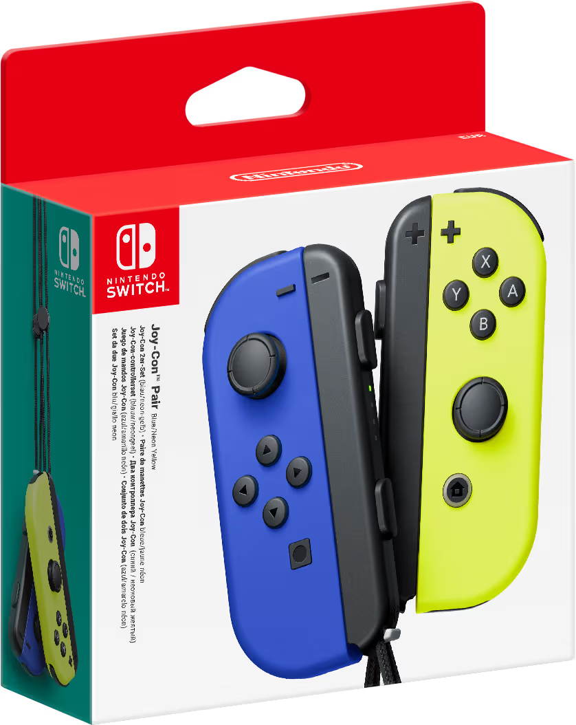 Verpackung mit blauen und neongelben Nintendo Switch Joy-Con Controllern