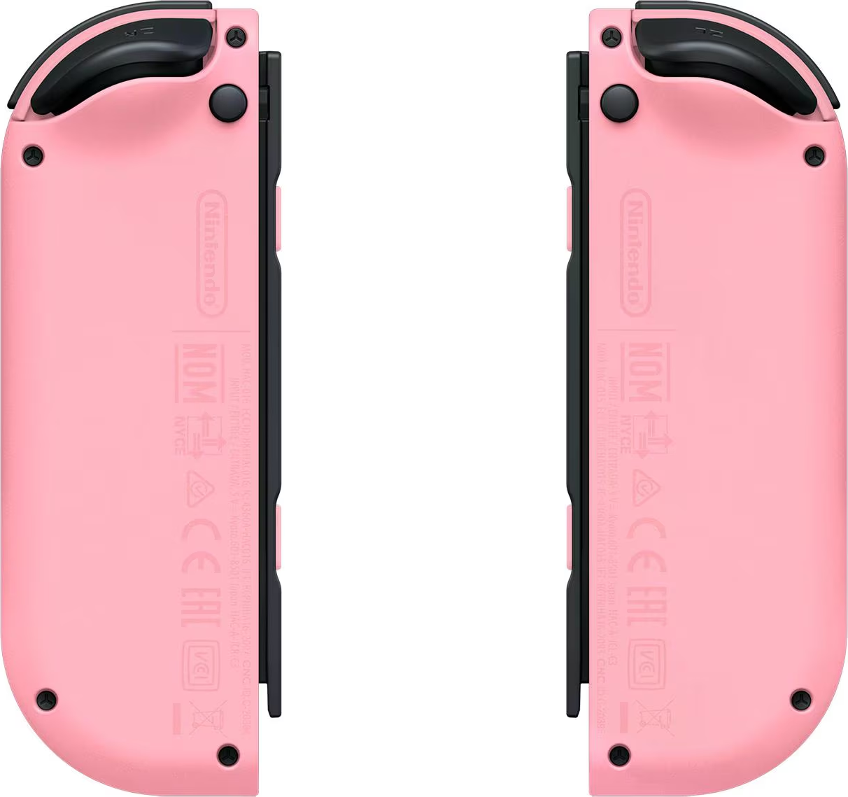 Zwei rosa Nintendo Switch Joy-Con Controller nebeneinander, Rückseite sichtbar.