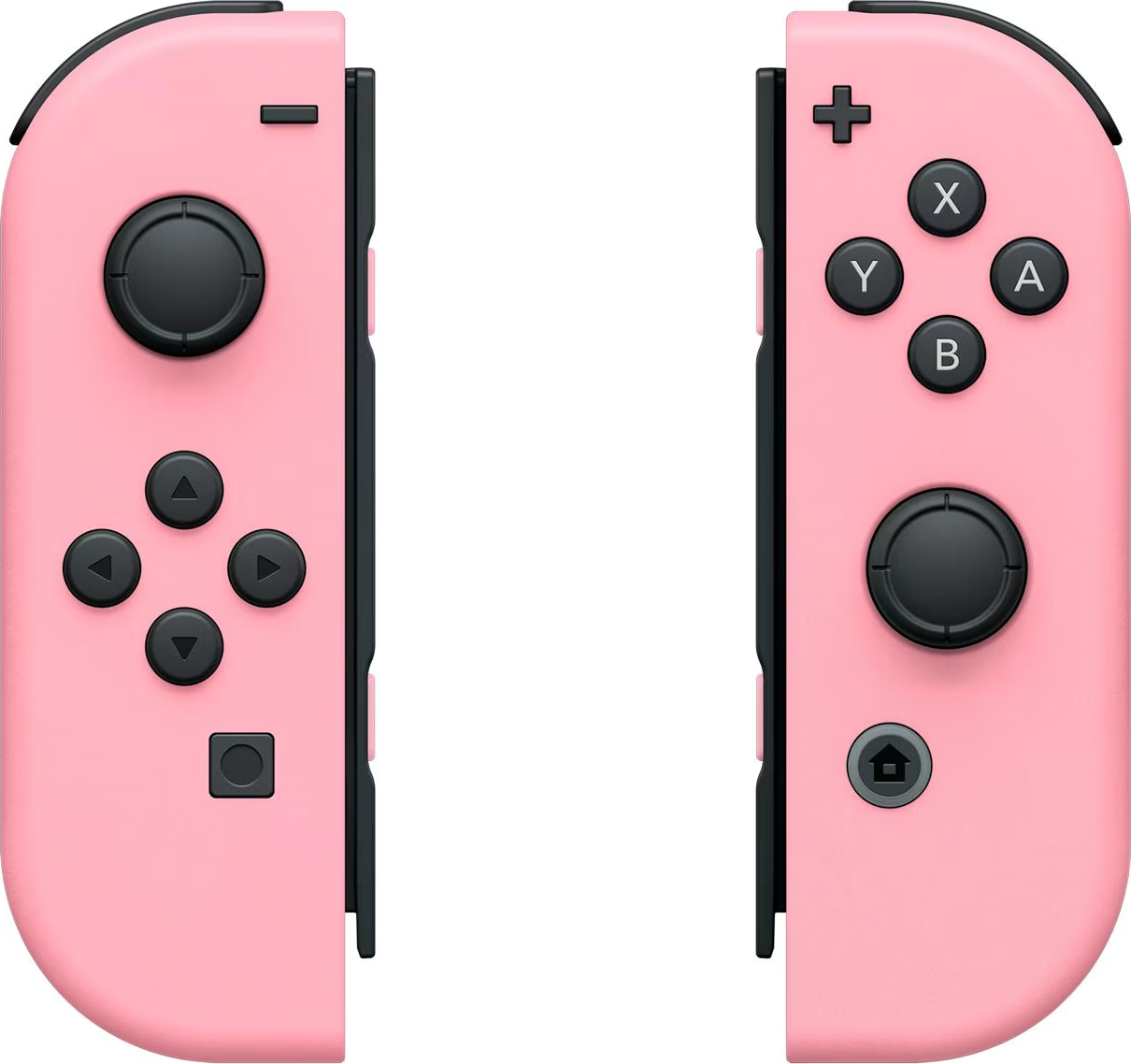Paar pinke Nintendo Switch Joy-Con Controller, Vorderansicht, mit Knöpfen und Joysticks.