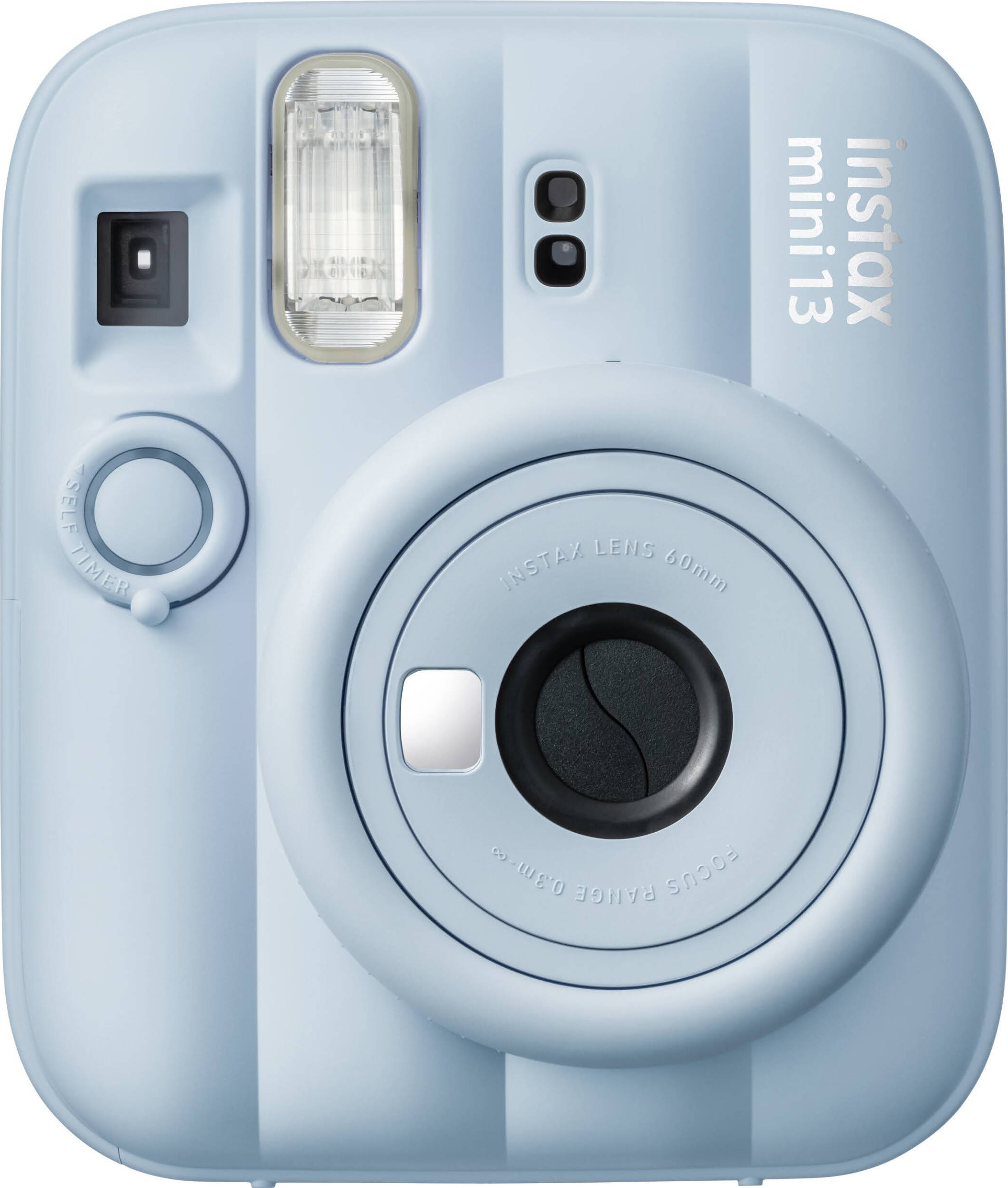 Eine blaue Instax Mini 13 Sofortbildkamera mit Linse, Blitz und Selbstauslöser.