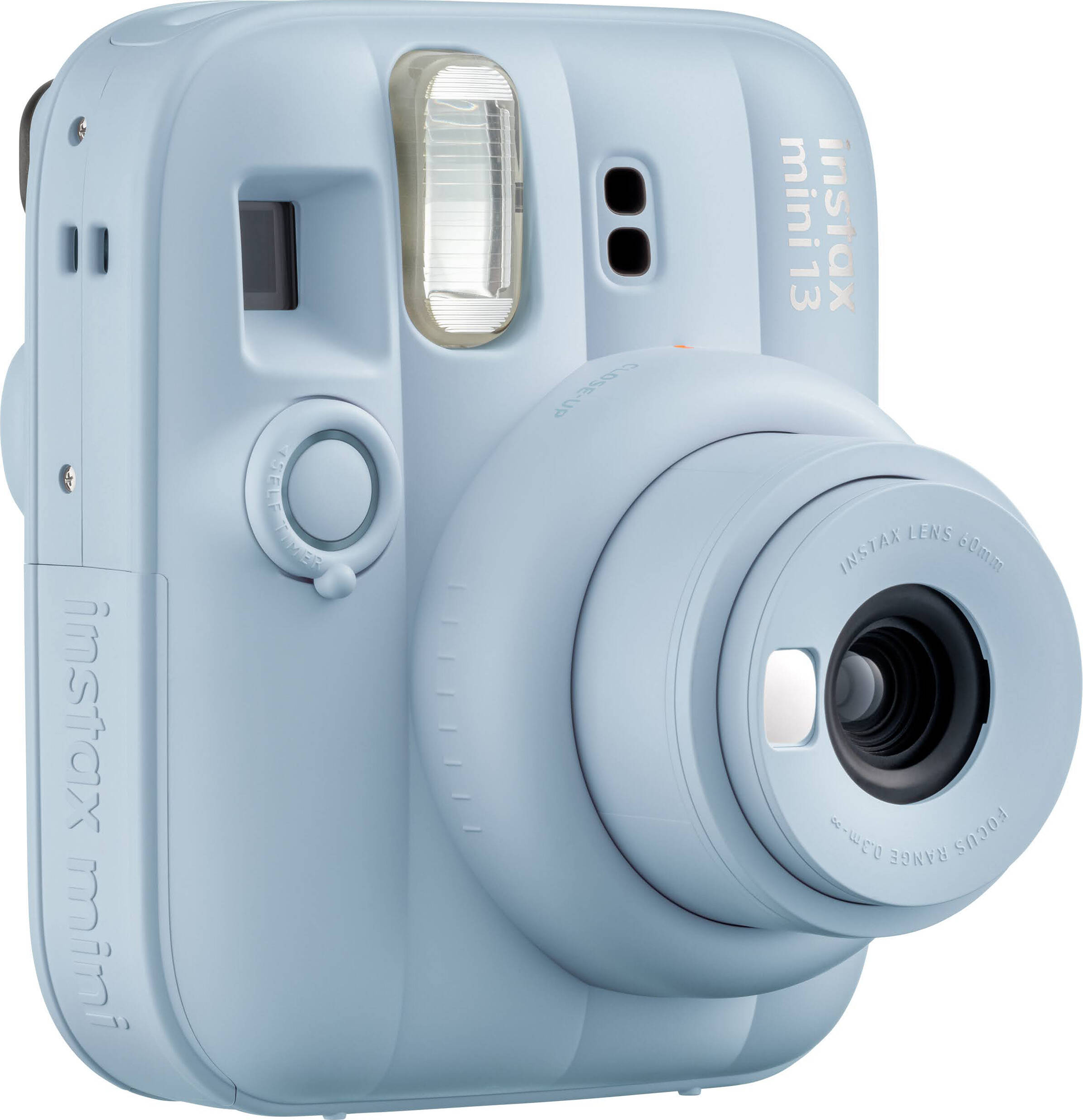 Eine hellblaue Instax Mini 13 Sofortbildkamera mit Linse und Blitz.