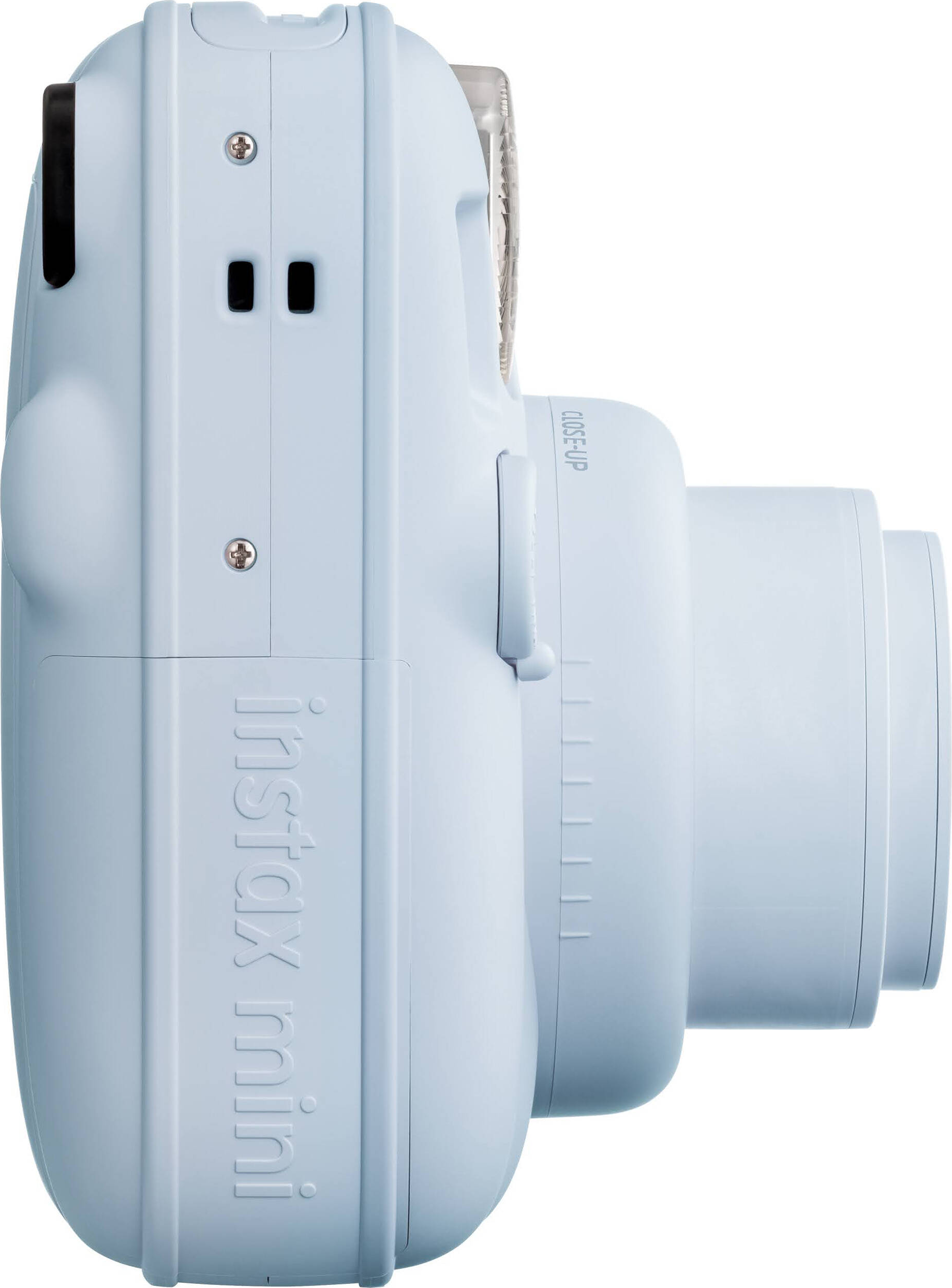 Eine hellblaue Sofortbildkamera im Profil, mit Schriftzug "Instax mini".