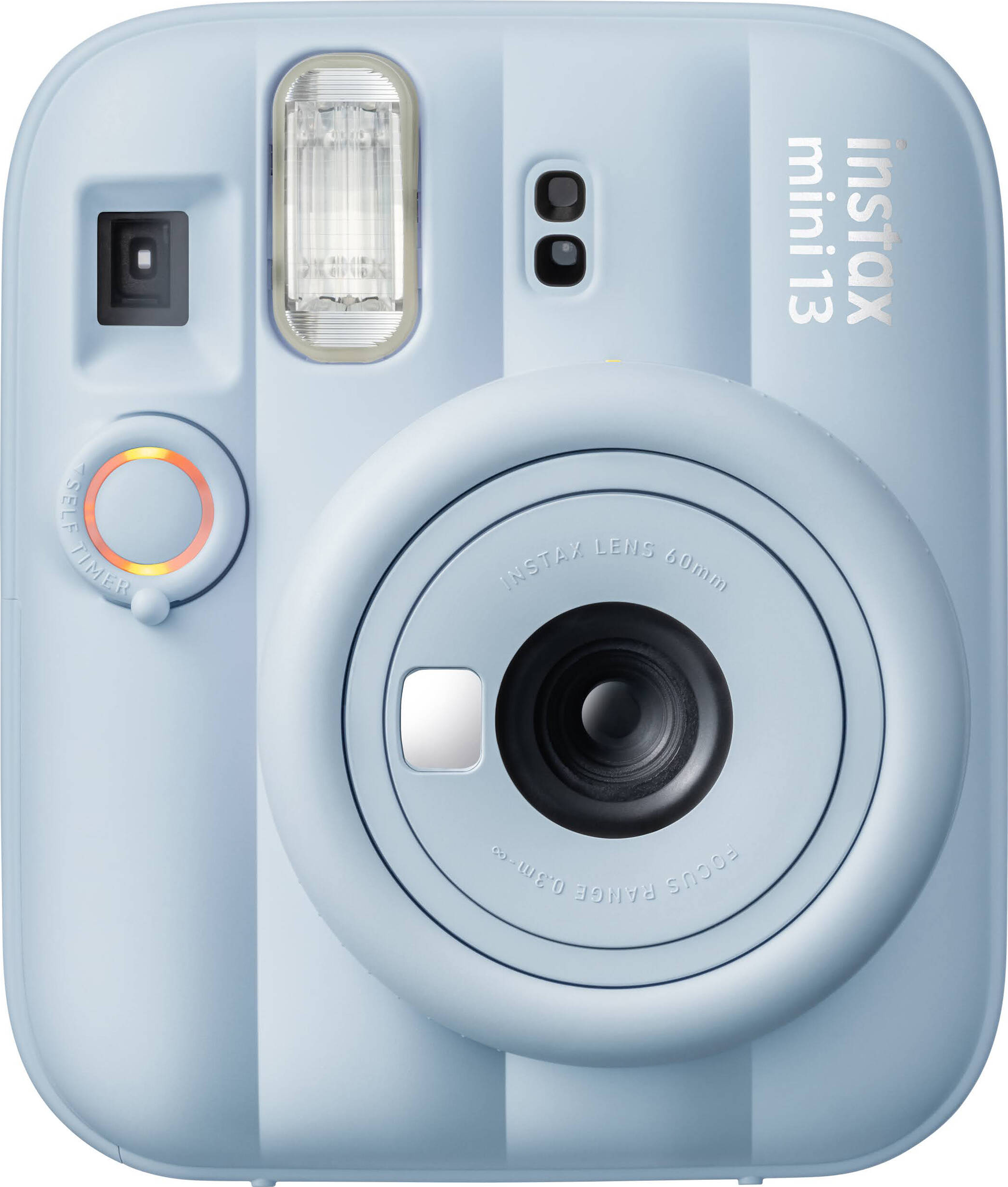 Eine hellblaue Instax Mini 13 Kamera mit prominentem Objektiv und Blitz.