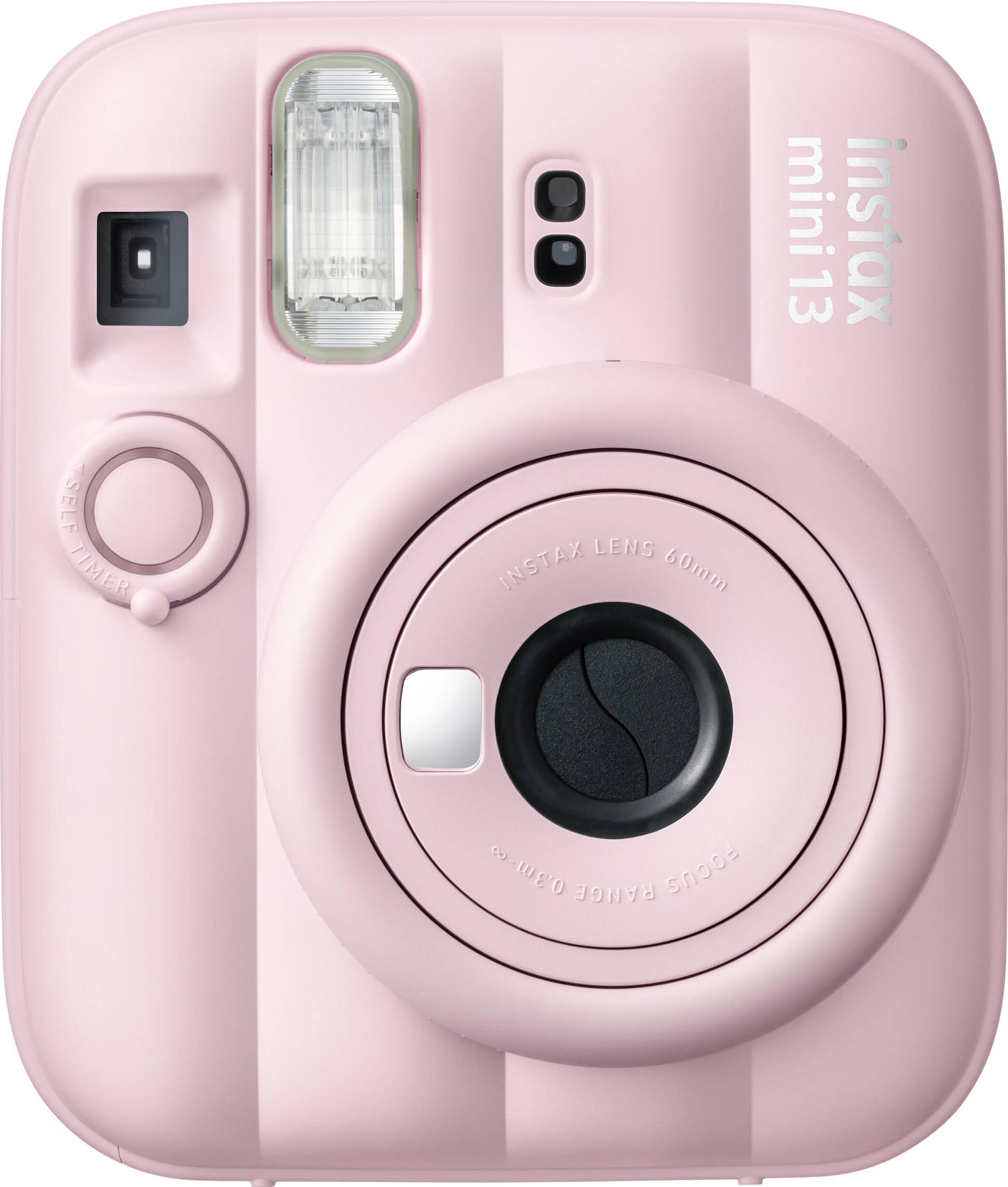 Eine rosafarbene Sofortbildkamera mit silbernen Akzenten und dem Aufdruck 'instax mini 13'.