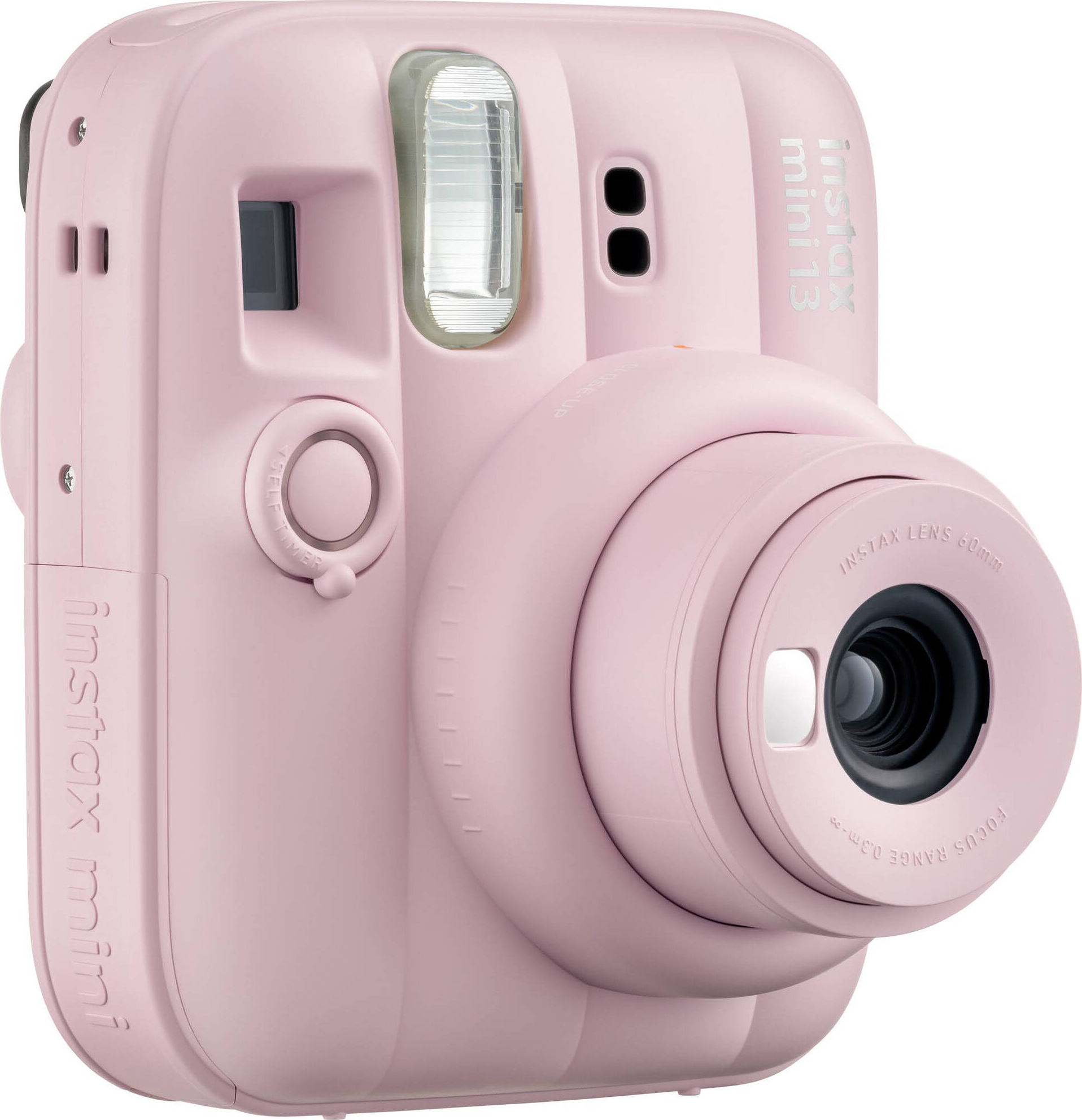 Eine rosafarbene Instax Mini 13 Sofortbildkamera mit Linse und Blitz.