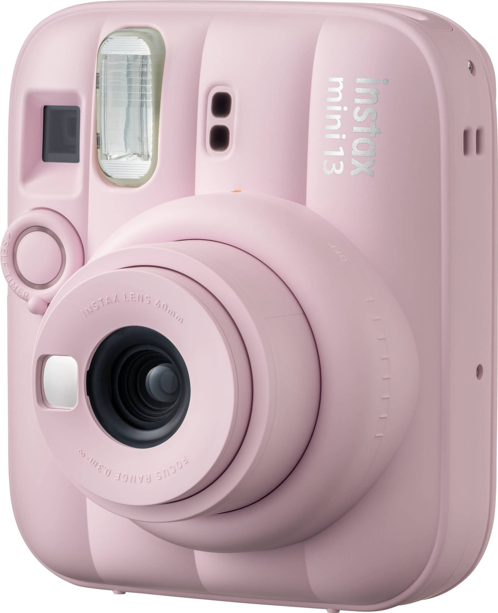 Eine rosafarbene Instax Mini 13 Sofortbildkamera mit Objektiv und Blitz.