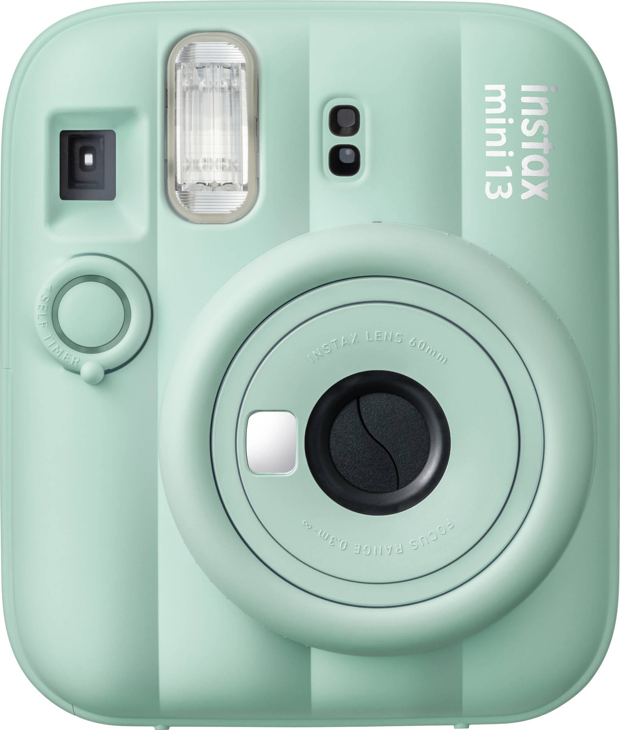 Eine mintgrüne Instax Mini 13 Kamera mit Linse, Blitz und Selbstauslöser.
