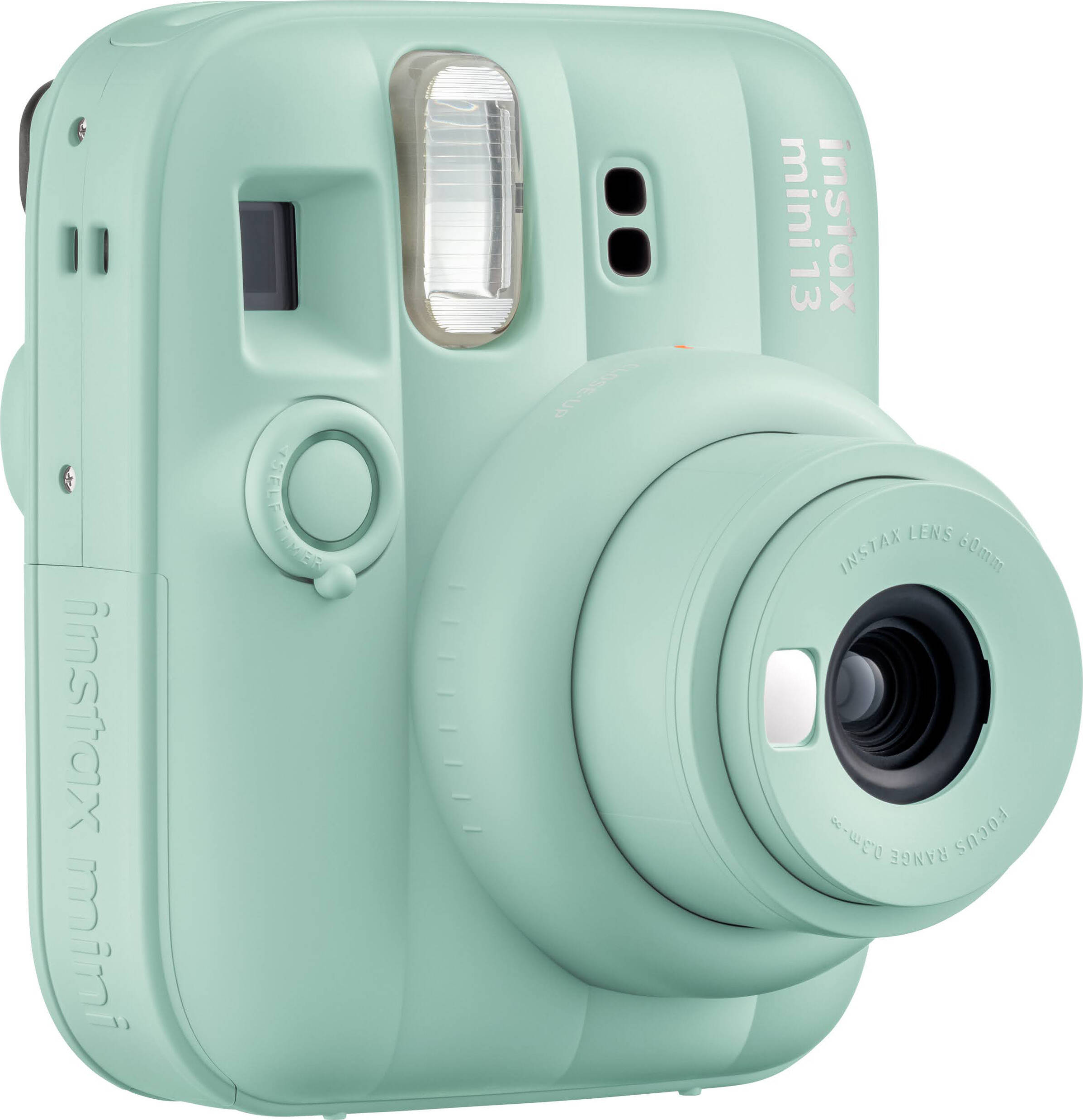 Eine mintgrüne Sofortbildkamera mit Instax Mini 13 Schriftzug.