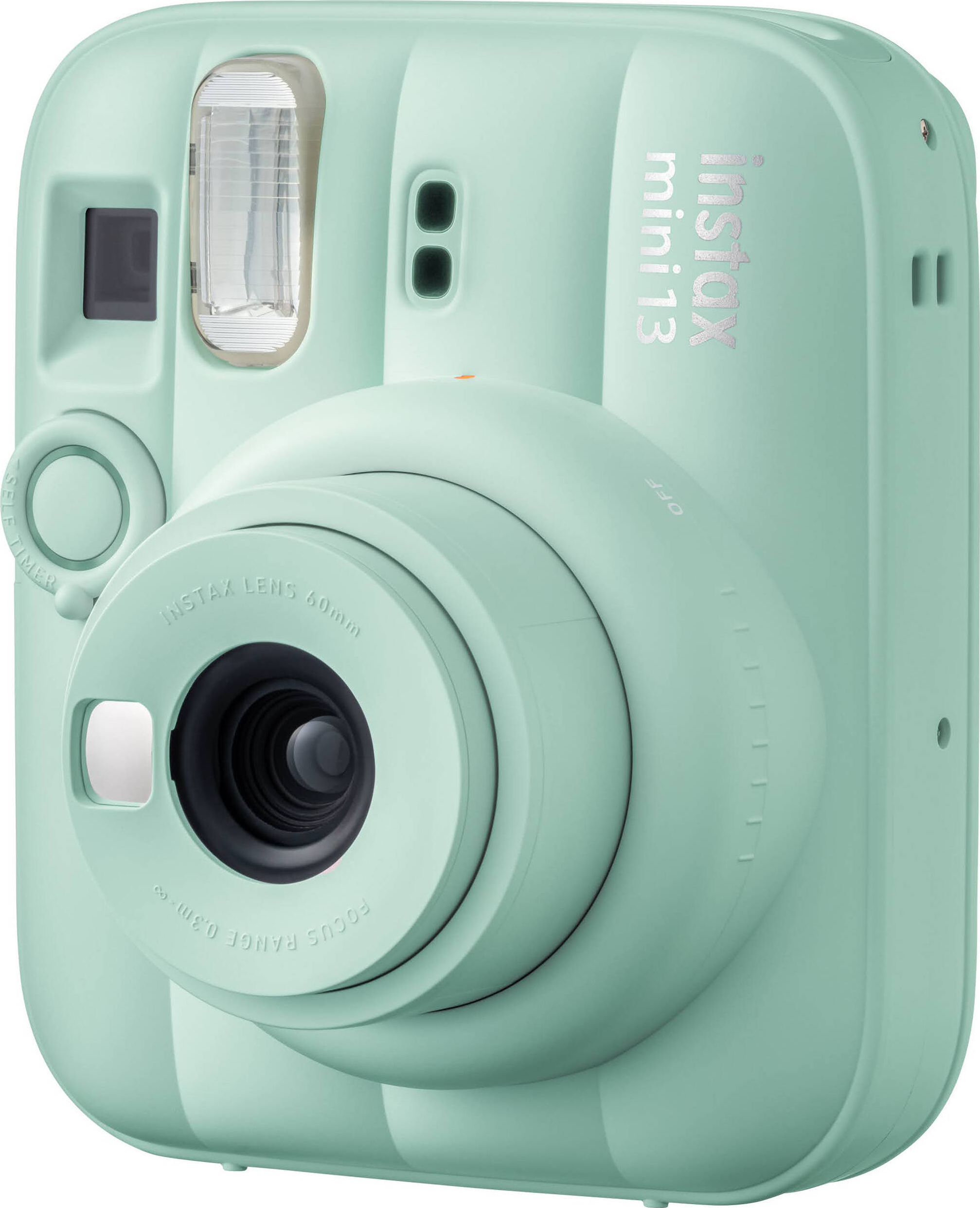 Eine mintgrüne Sofortbildkamera mit Instax Mini 13 Logo und Objektiv.