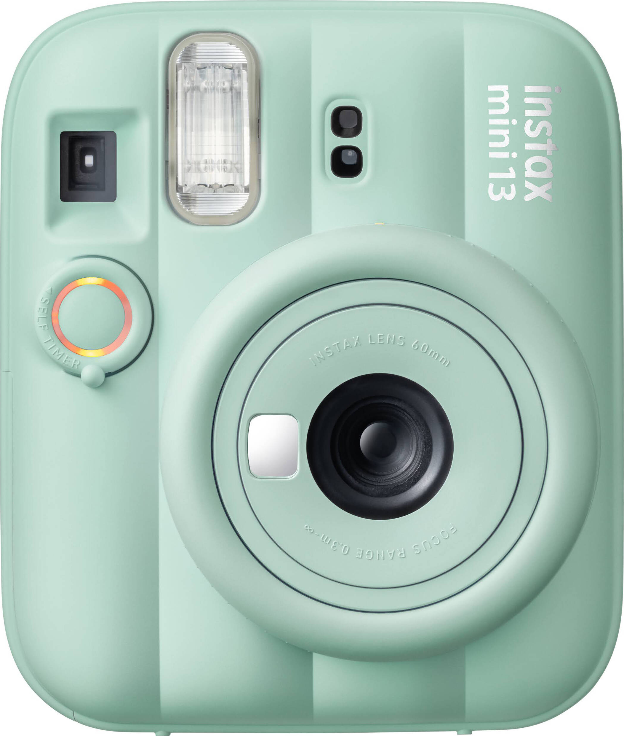 Eine mintgrüne Instax Mini 13 Sofortbildkamera mit Objektiv und Blitz.