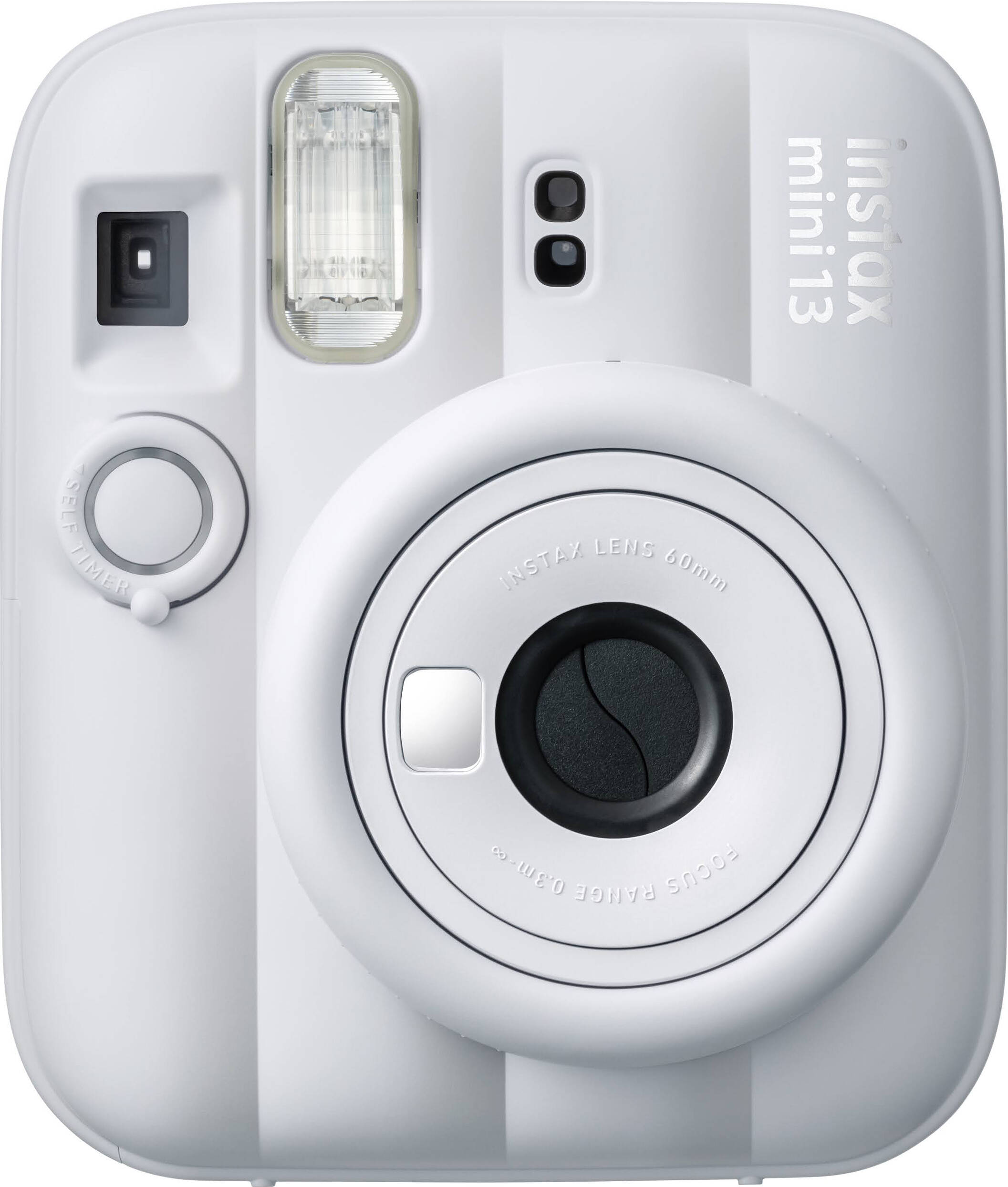 Eine weiße Instax Mini 13 Sofortbildkamera mit einem Objektiv und Blitz.
