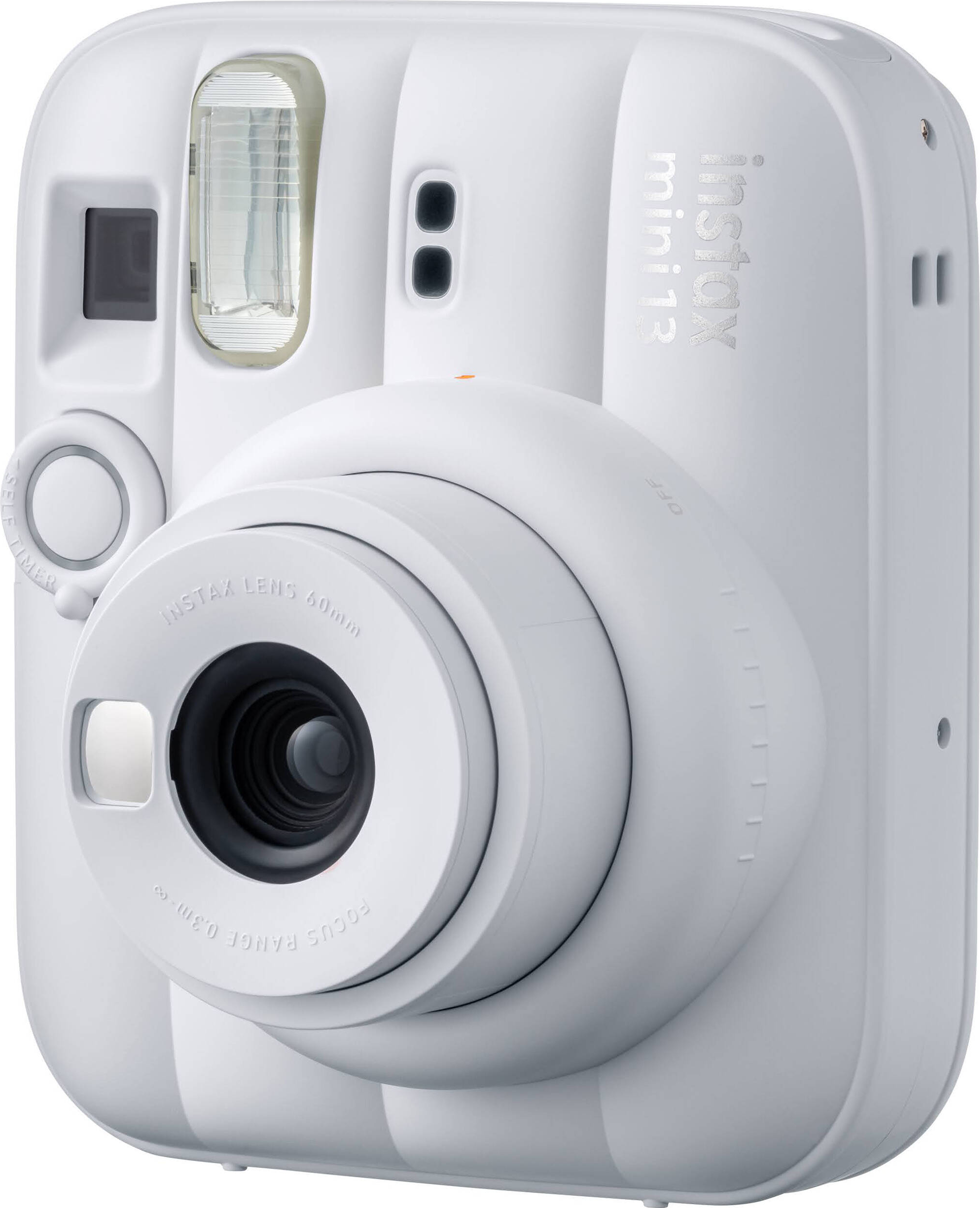 Weiße Instax Mini 13 Kamera mit Objektiv, Blitz und Selbstauslöser.
