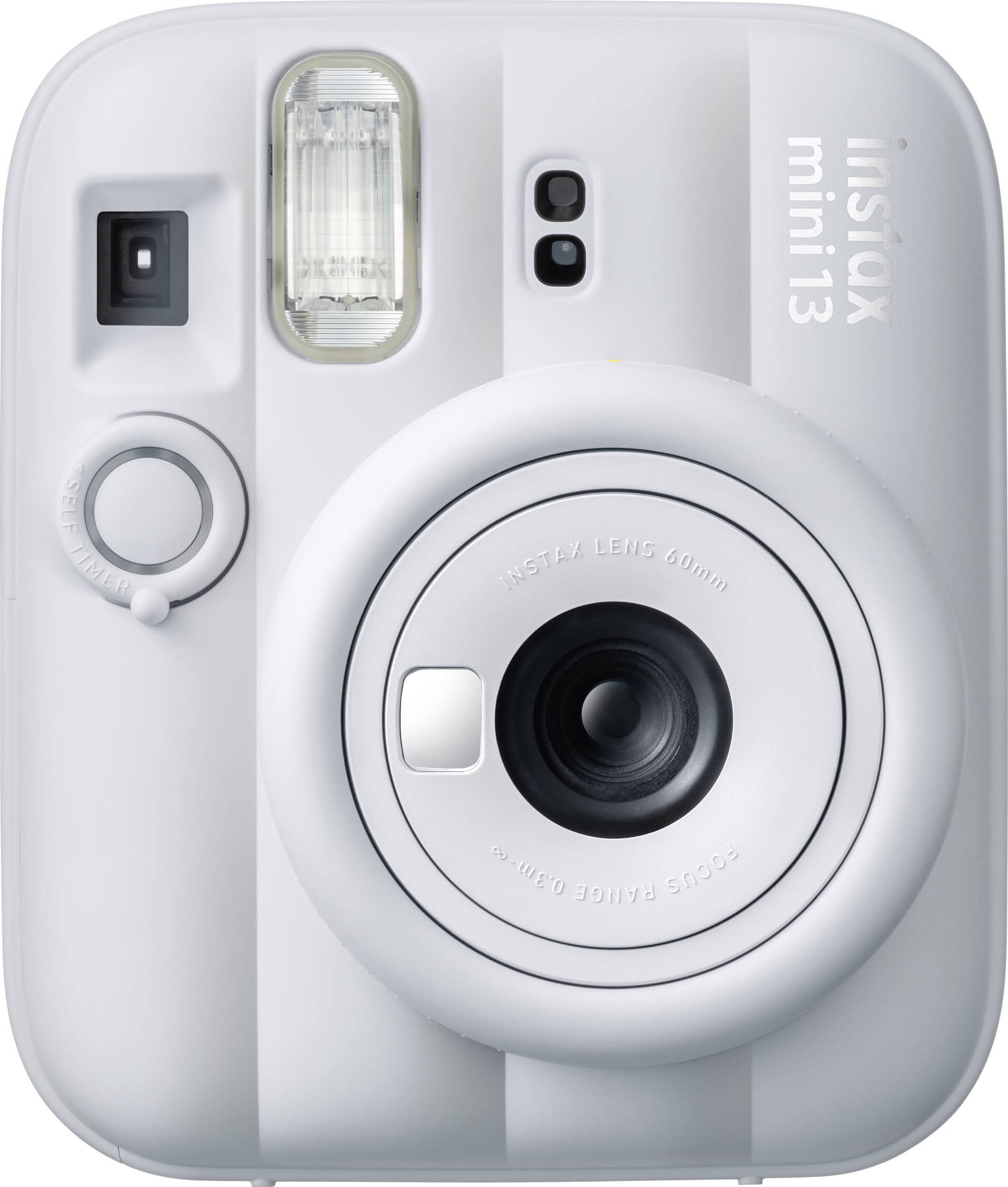 Eine weiße Instax Mini 13 Kamera mit silbernem Objektivring und Blitz.