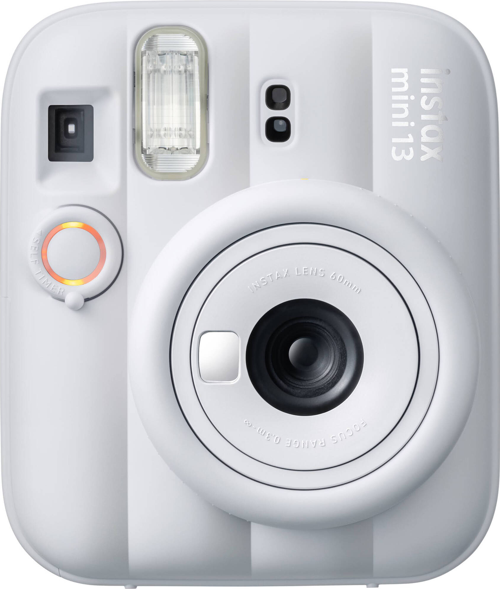 Weiße Sofortbildkamera mit großem Objektiv und Blitz. Instax Mini 13.