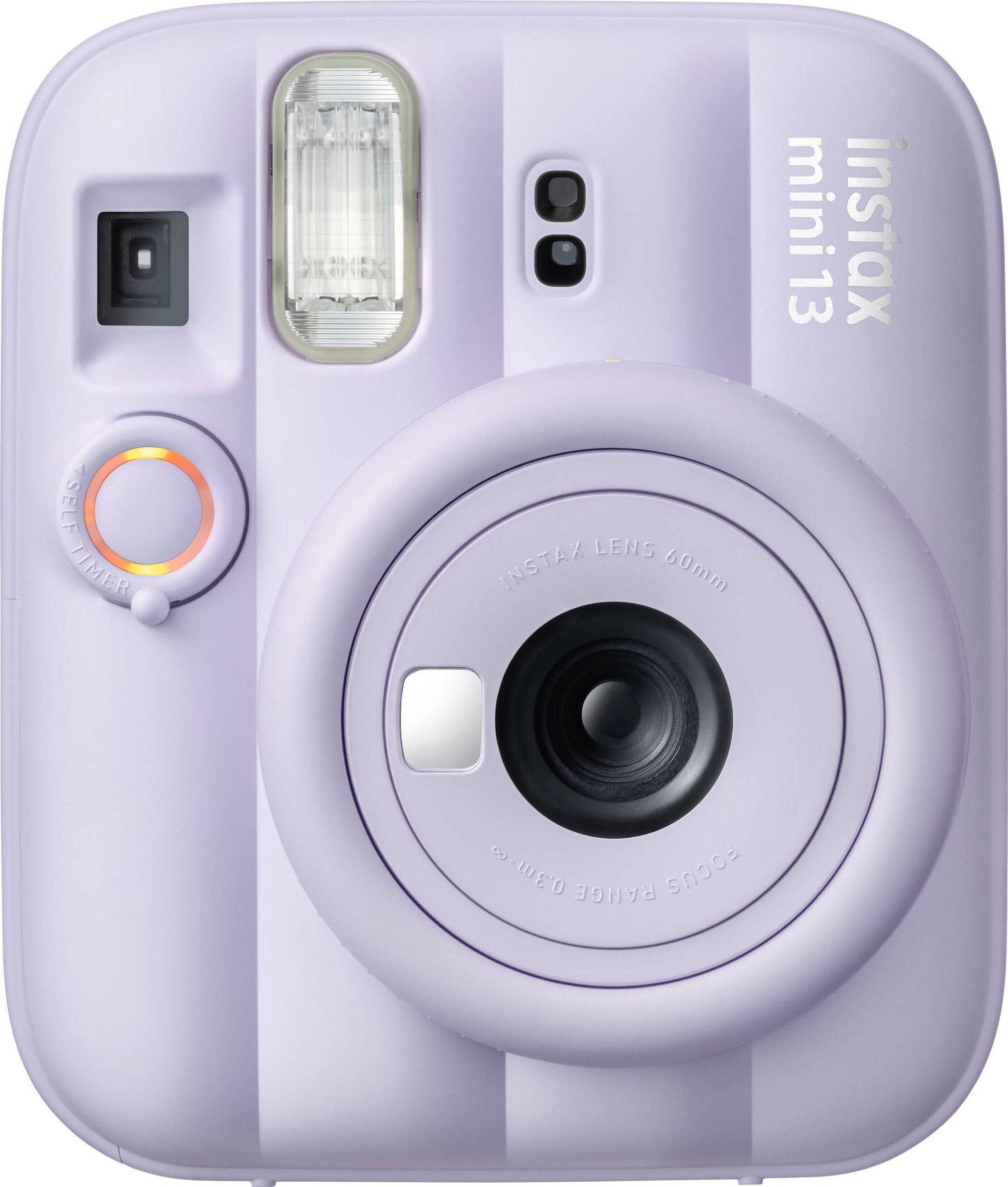 Eine lavendelfarbene Sofortbildkamera mit Instax-Logo und Objektiv.