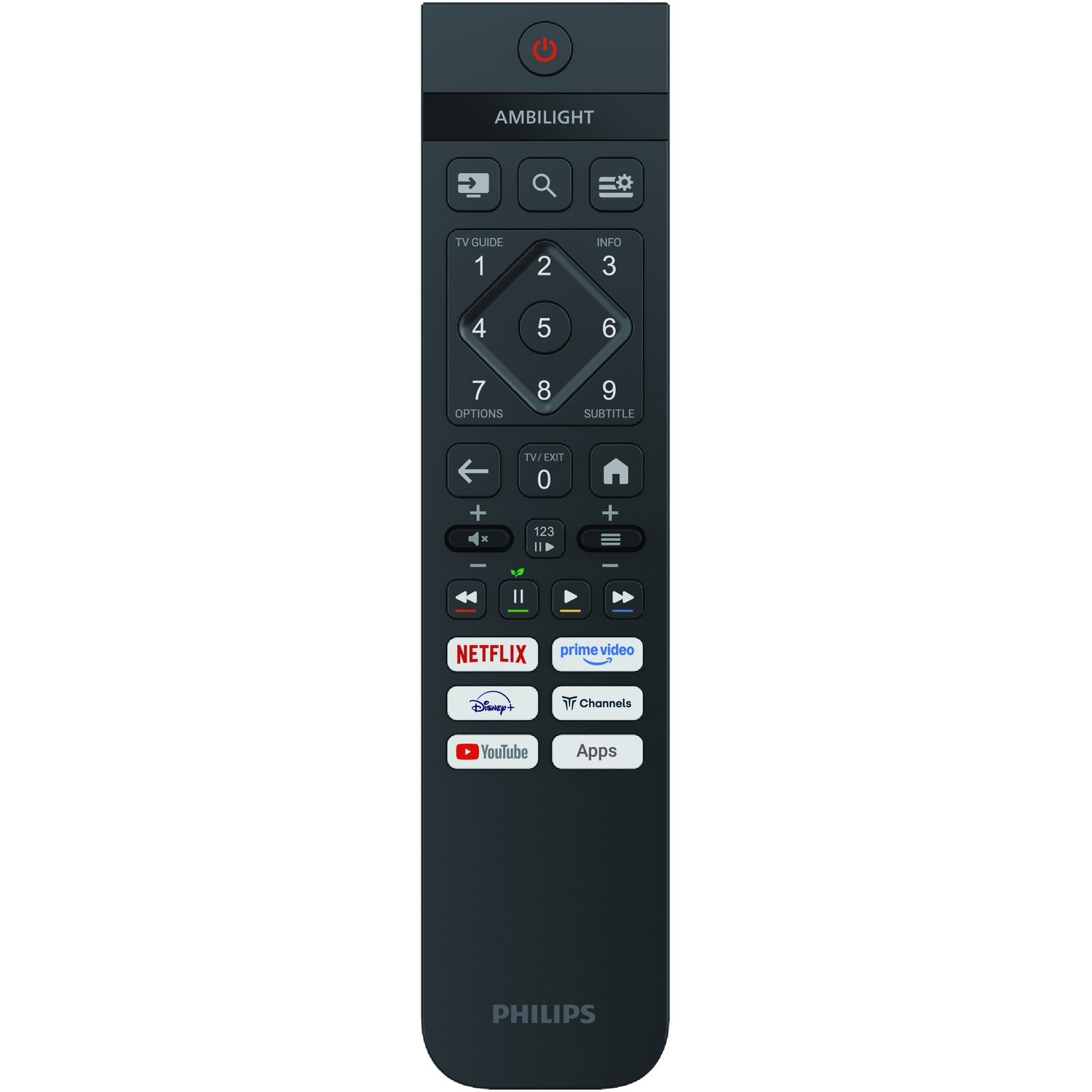 A dark remote control with Ambilight and Philips logo. Features buttons for menu, numbers, streaming apps.