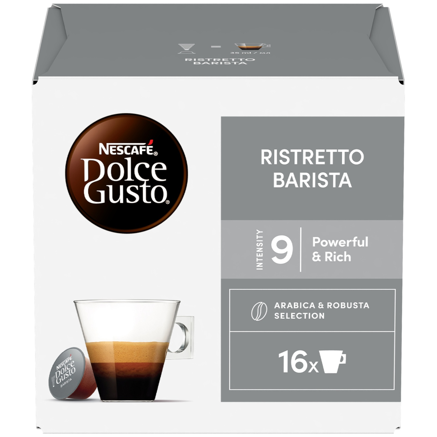 NESCAFÉ Dolce Gusto Ristretto Barista coffee box with cup and capsule.