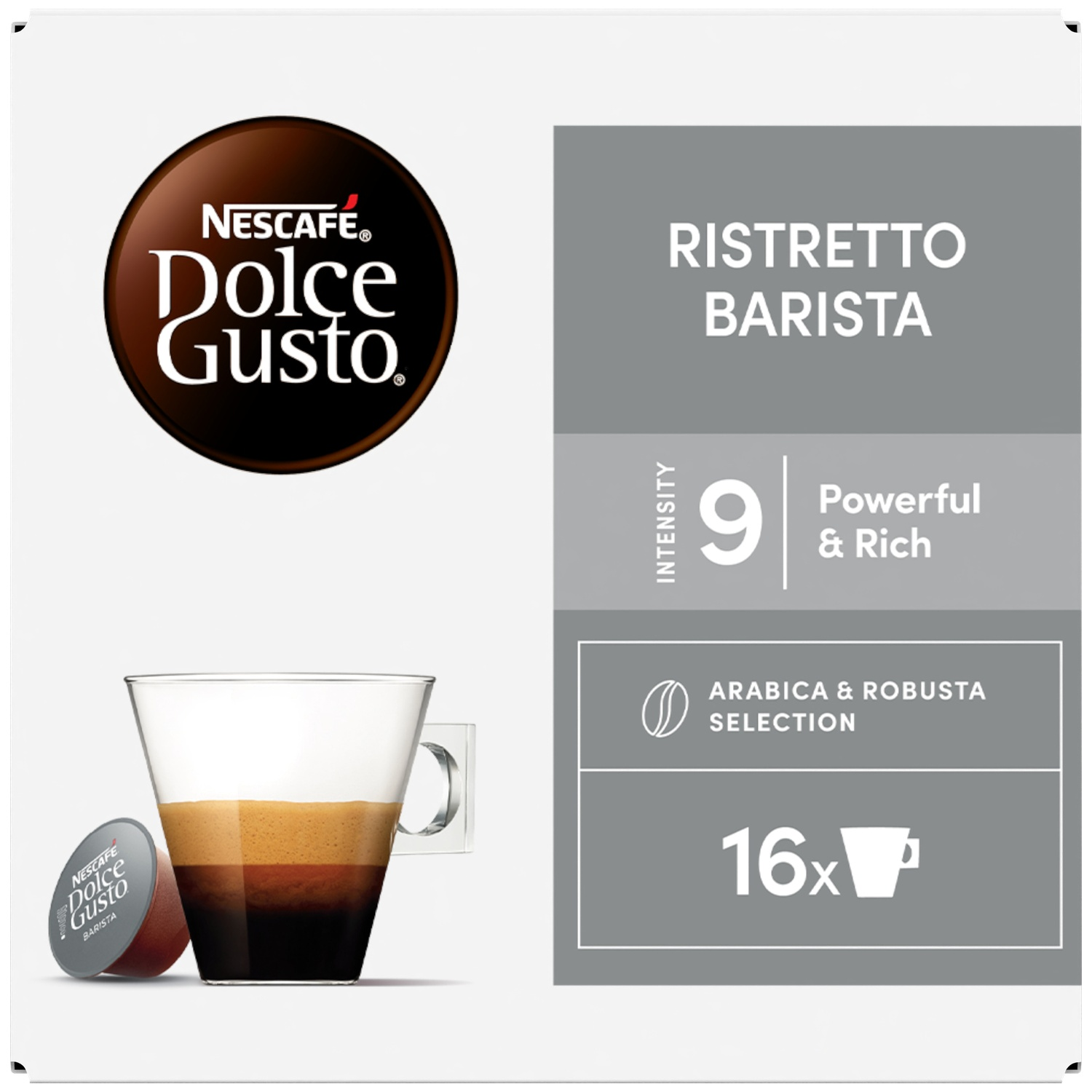 Nescafe Dolce Gusto Ristretto Barista capsule with coffee in glass.