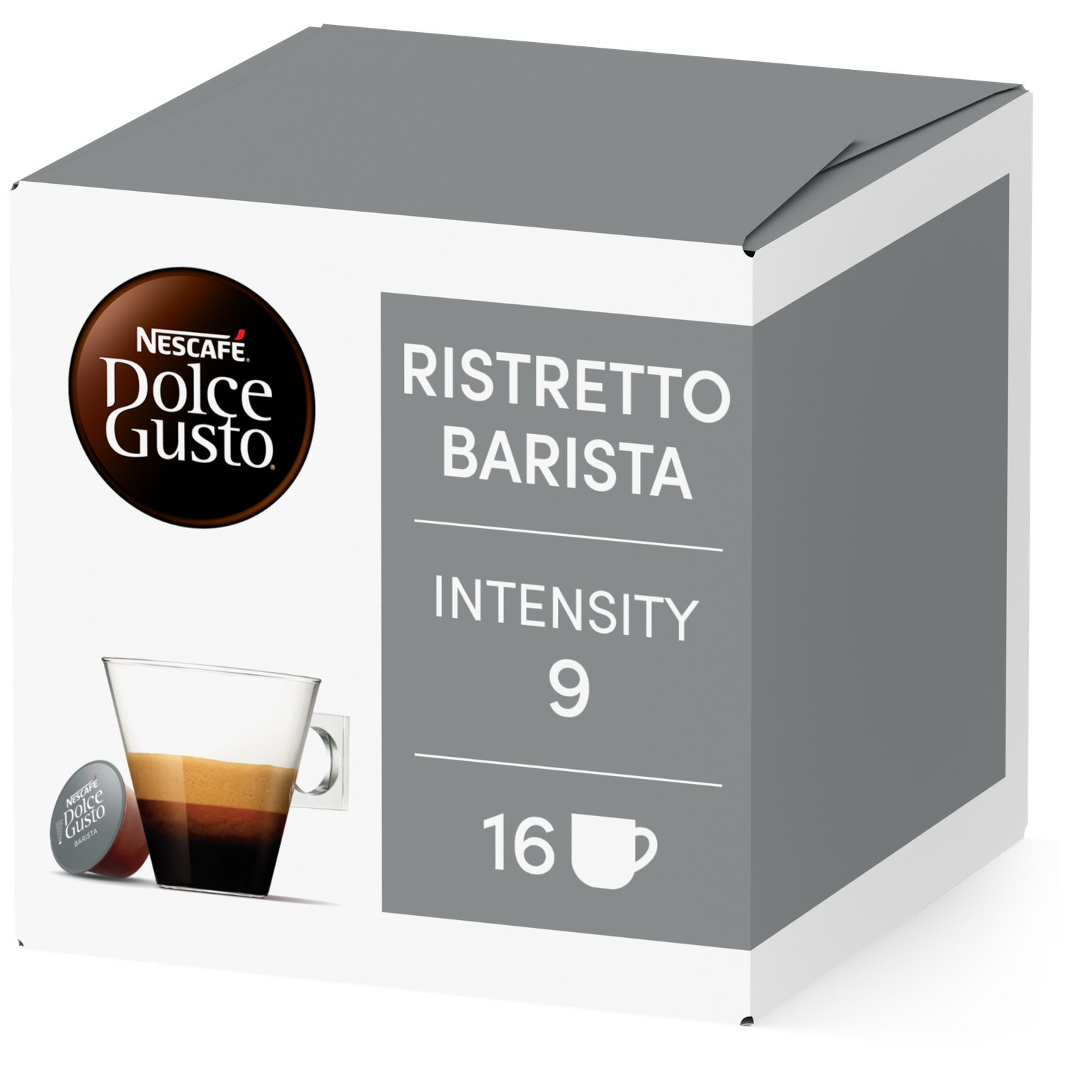 Box of Nescafé Dolce Gusto Ristretto Barista coffee pods, intensity 9, 16 pods.