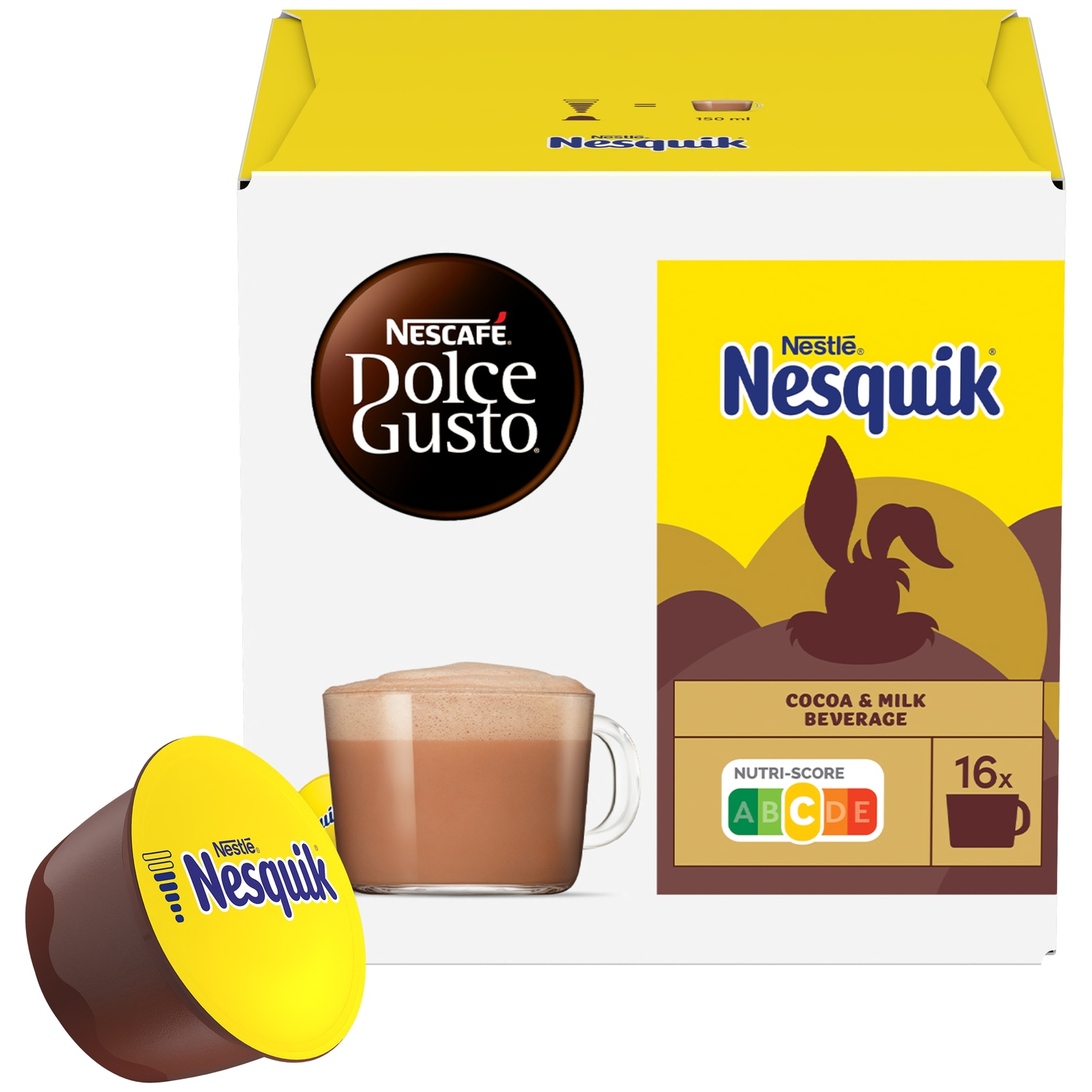 Box of Nesquik Cocoa & Milk beverage with capsules and cup.
