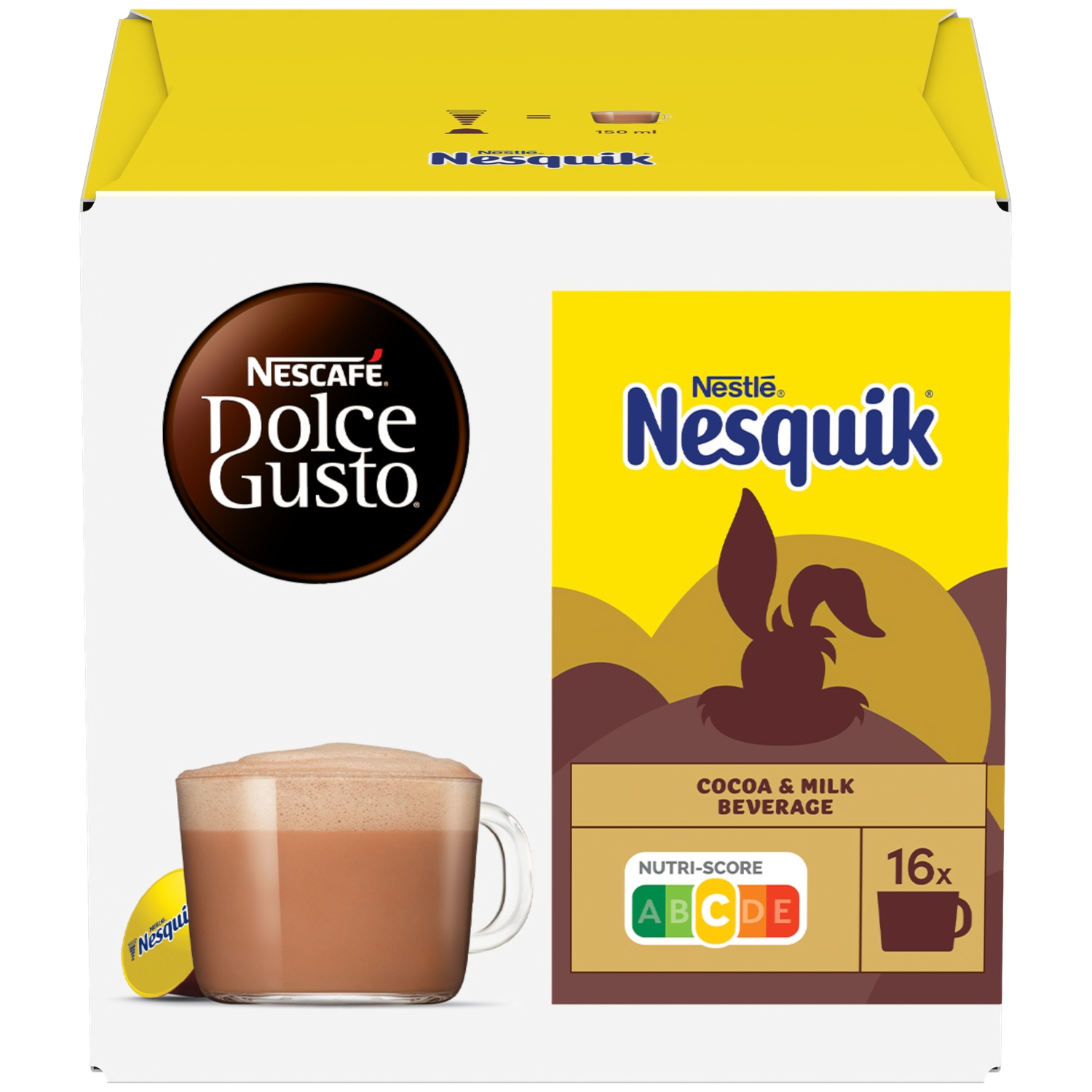Nesquik cocoa and milk beverage capsules with cup and Nutri-Score.