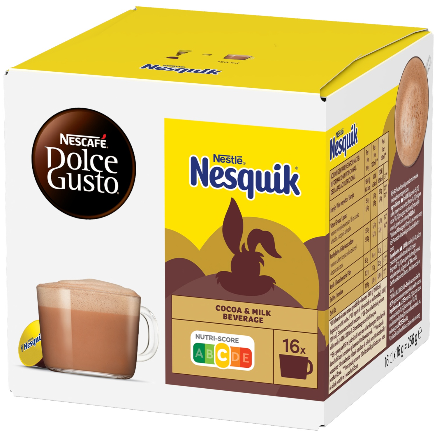 Nesquik cocoa & milk beverage pods with Nescafe Dolce Gusto logo and cup.