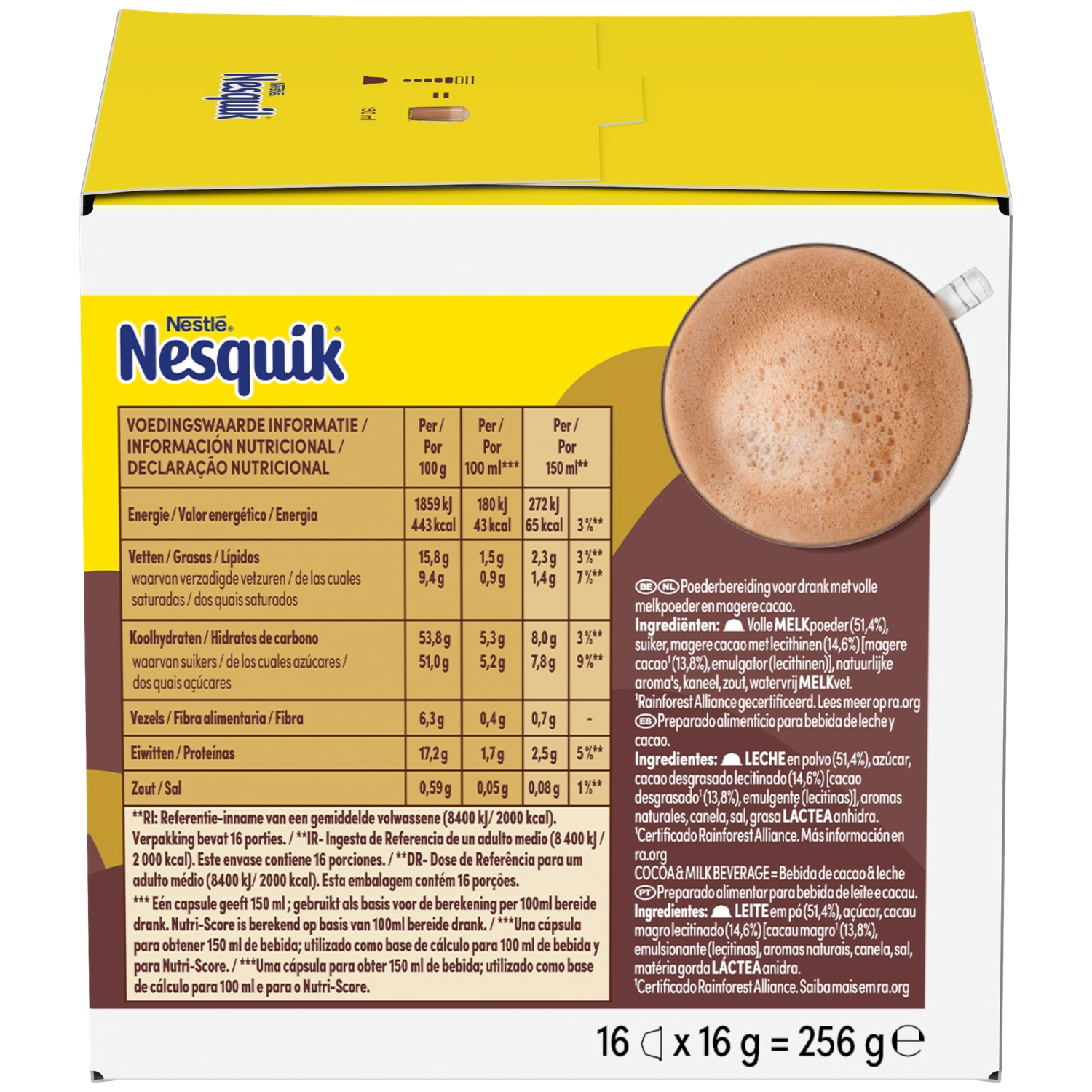 Nesquik cocoa powder packaging with nutritional information and preparation instructions.