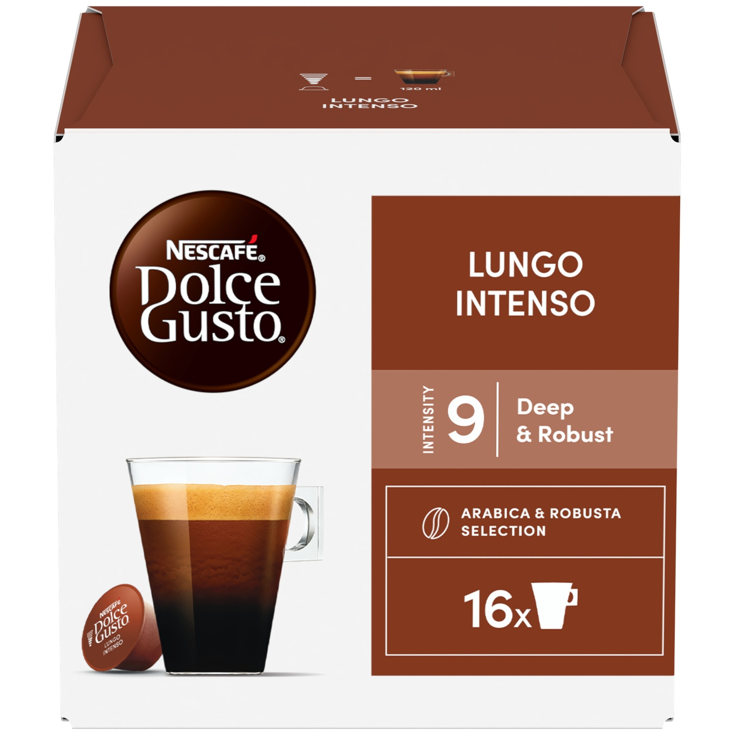 NESCAFÉ Dolce Gusto Lungo Intenso coffee pod with cup and capsule.