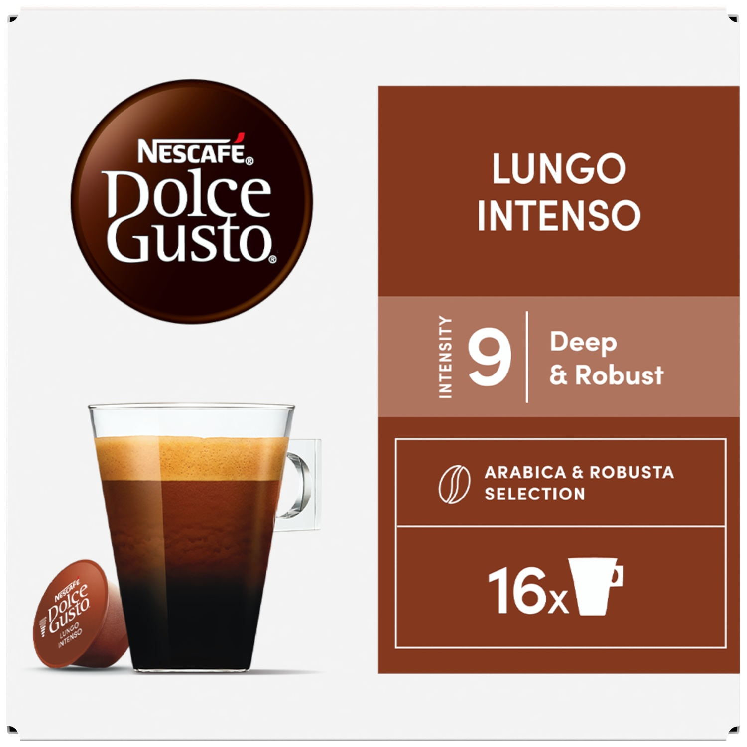 Dolce Gusto Lungo Intenso coffee, intensity 9, 16 capsules.
