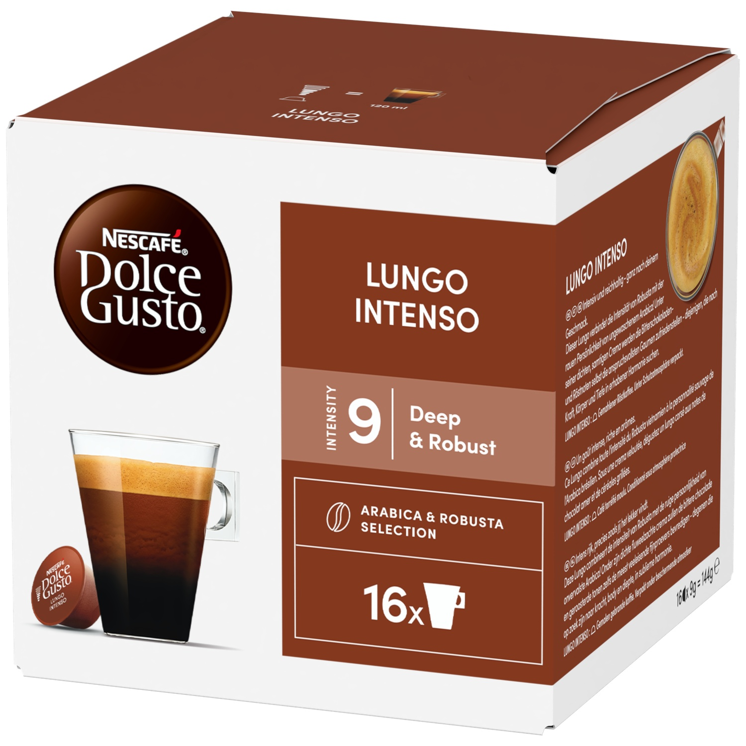 A box of Nescafé Dolce Gusto Lungo Intenso coffee, containing 16 capsules.