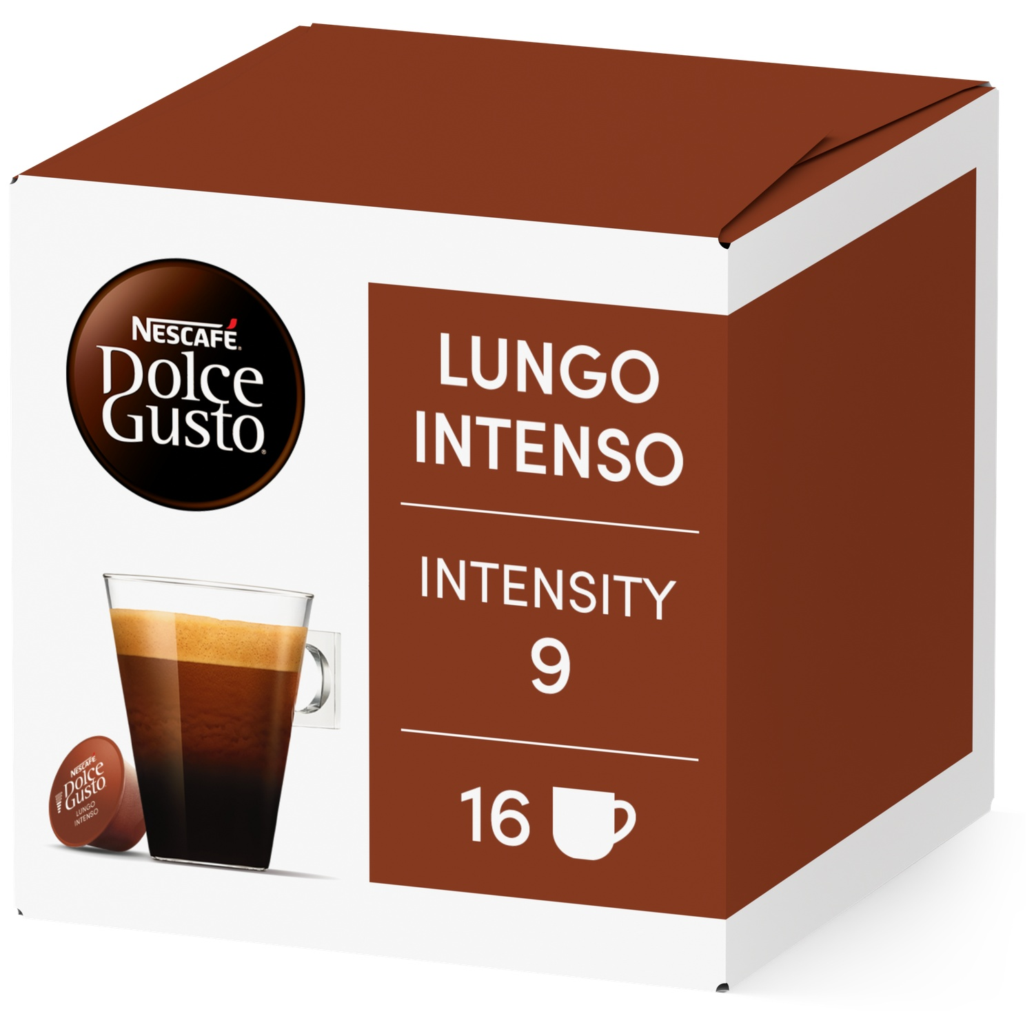 Box of Nescafé Dolce Gusto Lungo Intenso coffee pods, with a cup of coffee.